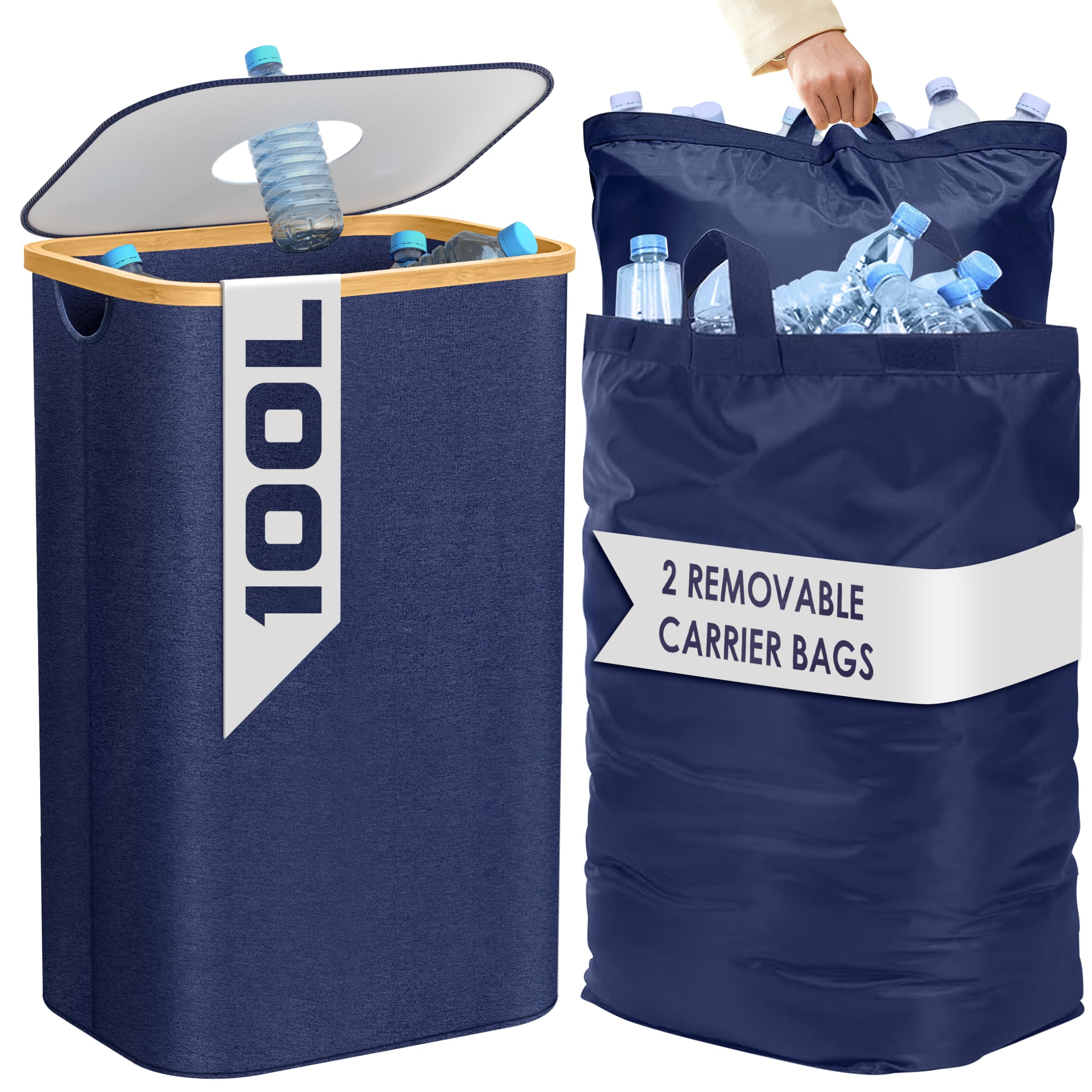 BAM BOO BOX Recycling Bins for Kitchen 100L Blue โ Large Kitchen Recycling Bin with 2 Removable Carry Bags โ Slim Bottle Storage Bin Recycle Bins Large Dustbin