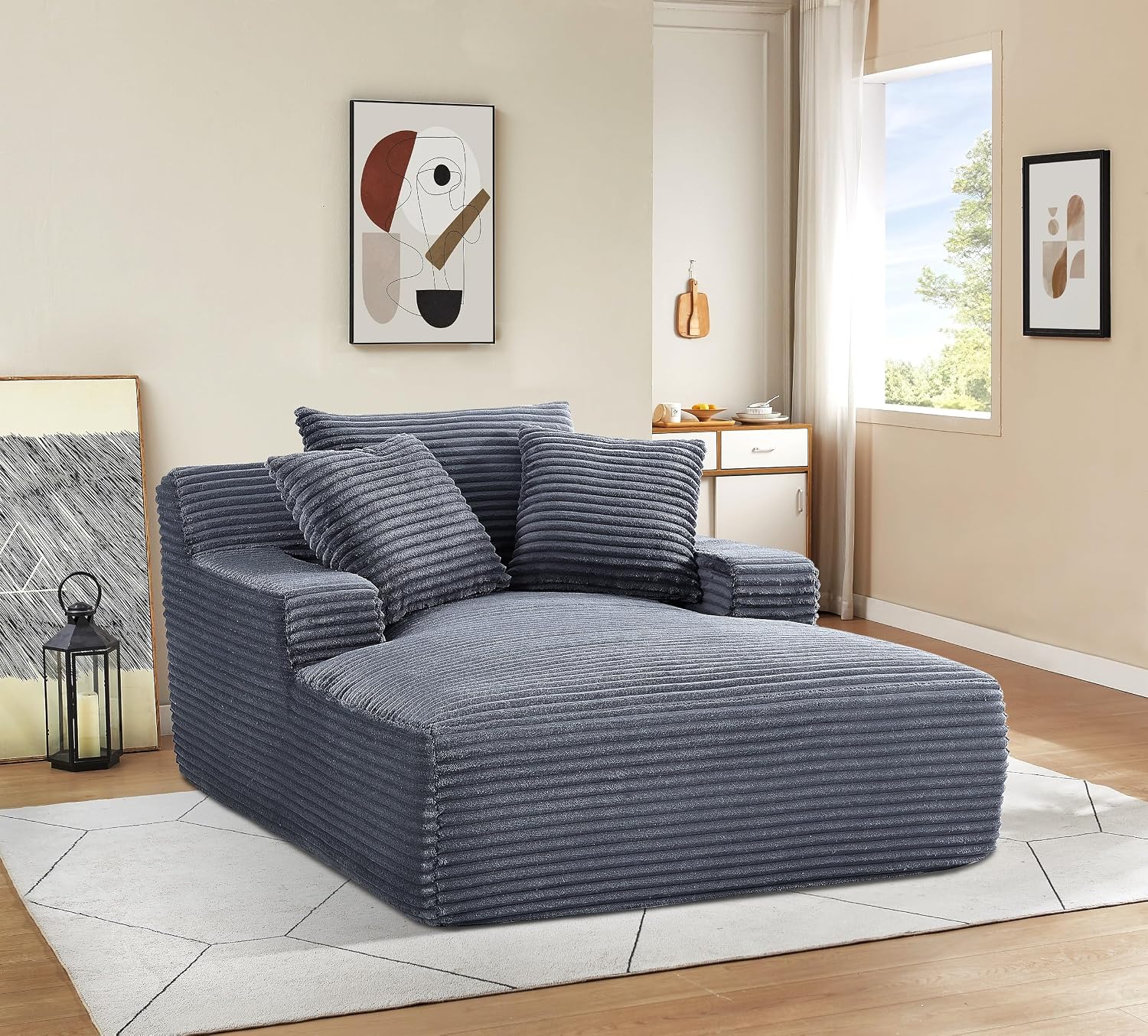 66" Corduroy Oversized Chaise Lounge,Comfortable Loveseat Sofa with 3 Toss Pillows,Modern Sleeper Sofabed,Upholstered Couch for Small Apartment,Living Room,Bedroom,Grey