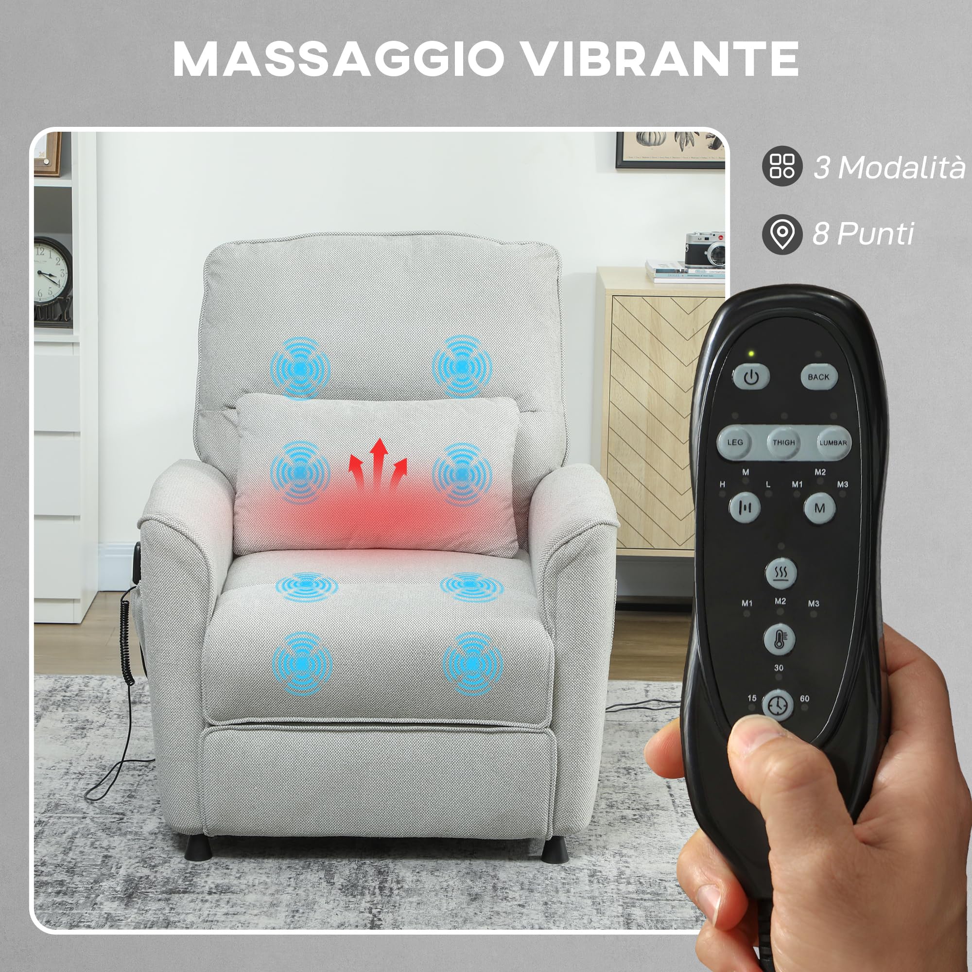 HOMCOM Poltrona Relax Elettrica Massaggiante e Riscaldante, Silenziosa, Poltrona Reclinabile 150° in Ciniglia con Cuscino, Funzione Memory, 2 Telecomandi, Poggiapiedi, USB per Soggiorno, Grigio Chiaro