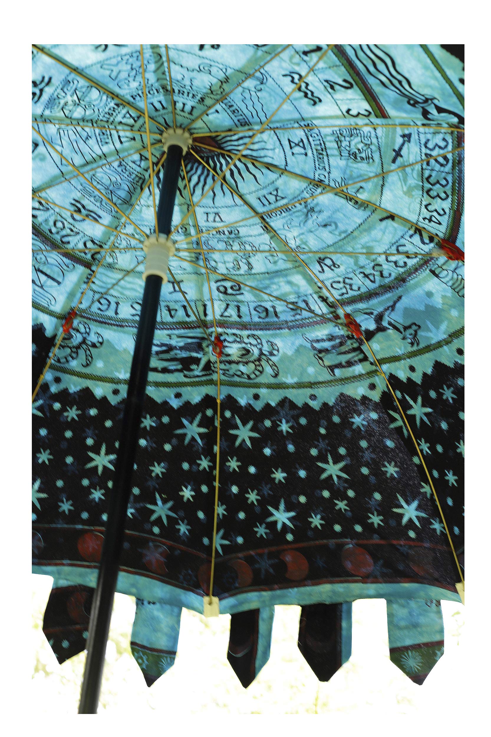 Handicraft-Palace Astrology Zodiac Design Garden Umbrella With Stand Fabric Parasol Large 80" Umbrella Sun Shade (Turquoise) 1