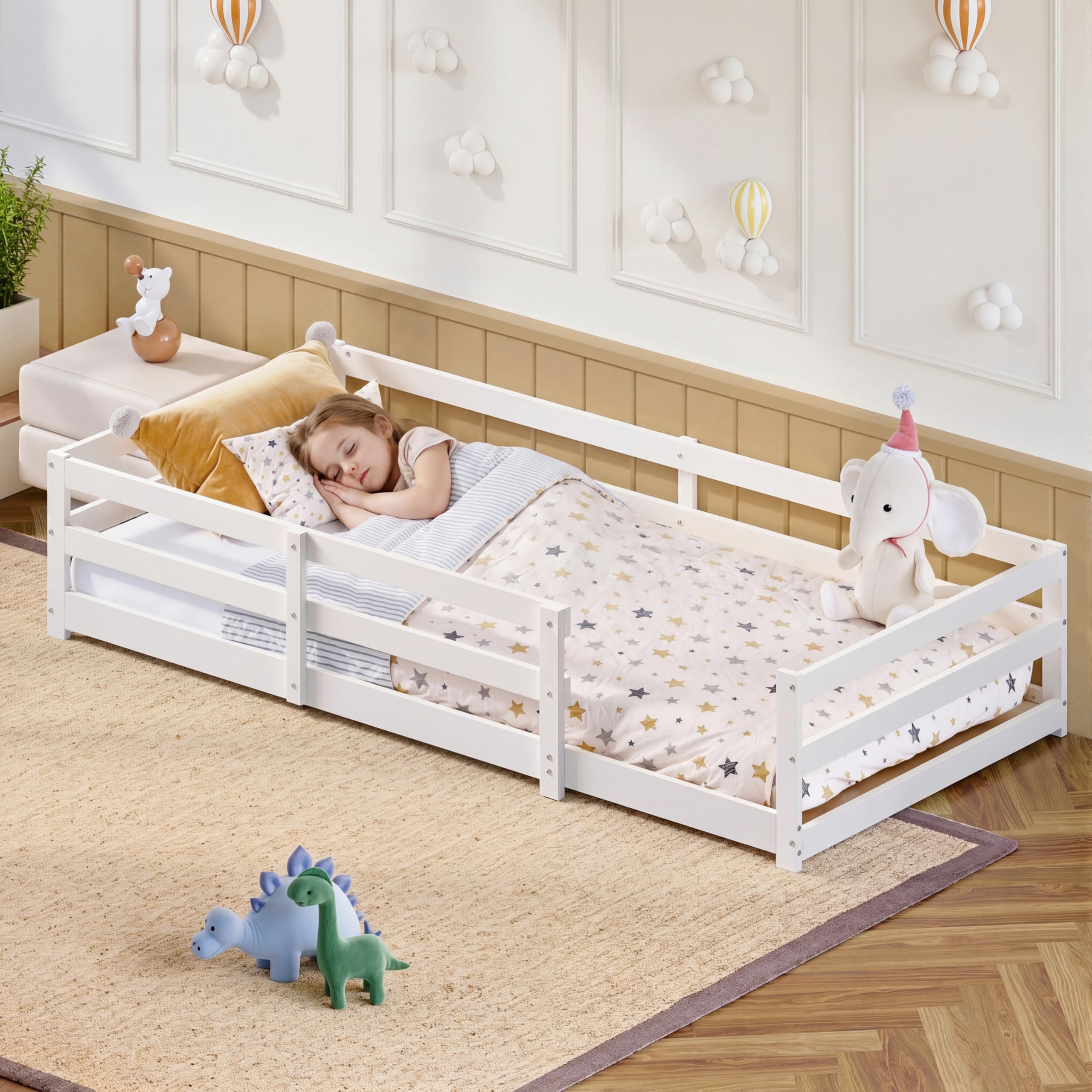 Bodenbett 90x200 cm Kinderbett aus Massivholz mit Rausfallschutz & Lattenrost, Montessori Bett aus Kiefer, Bodenbett Kinder mit offenem Einstieg, Einzelbett in Weiß