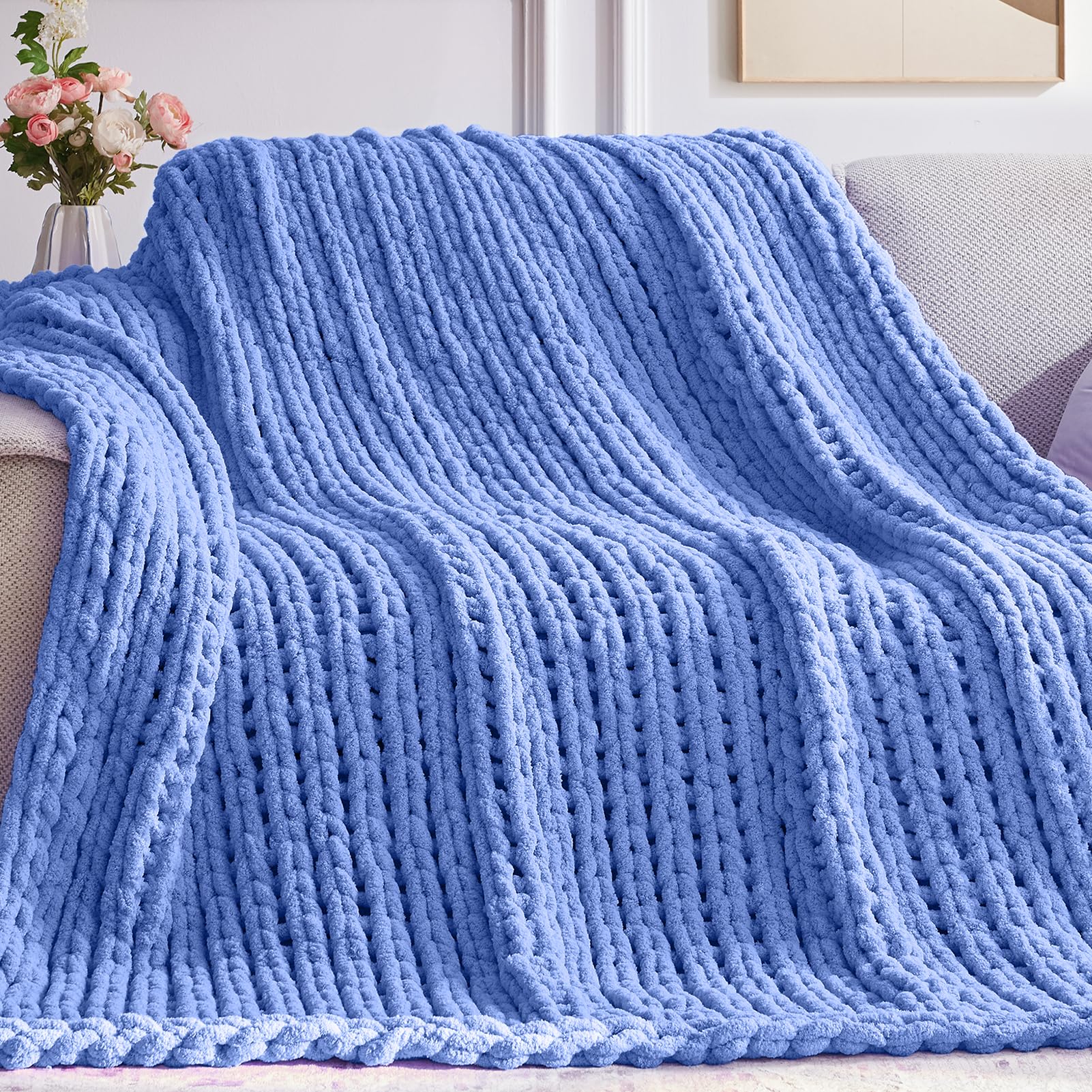 Negwoo Chunky Knit Throw Blanket, 30''*40'' Knitted Throw Chenille Yarn for Bed Couch, Handmade Light Blue Crochet Big Thick Blanket, Machine Washable Cute Comfy Blanket for Home Decor — image 1