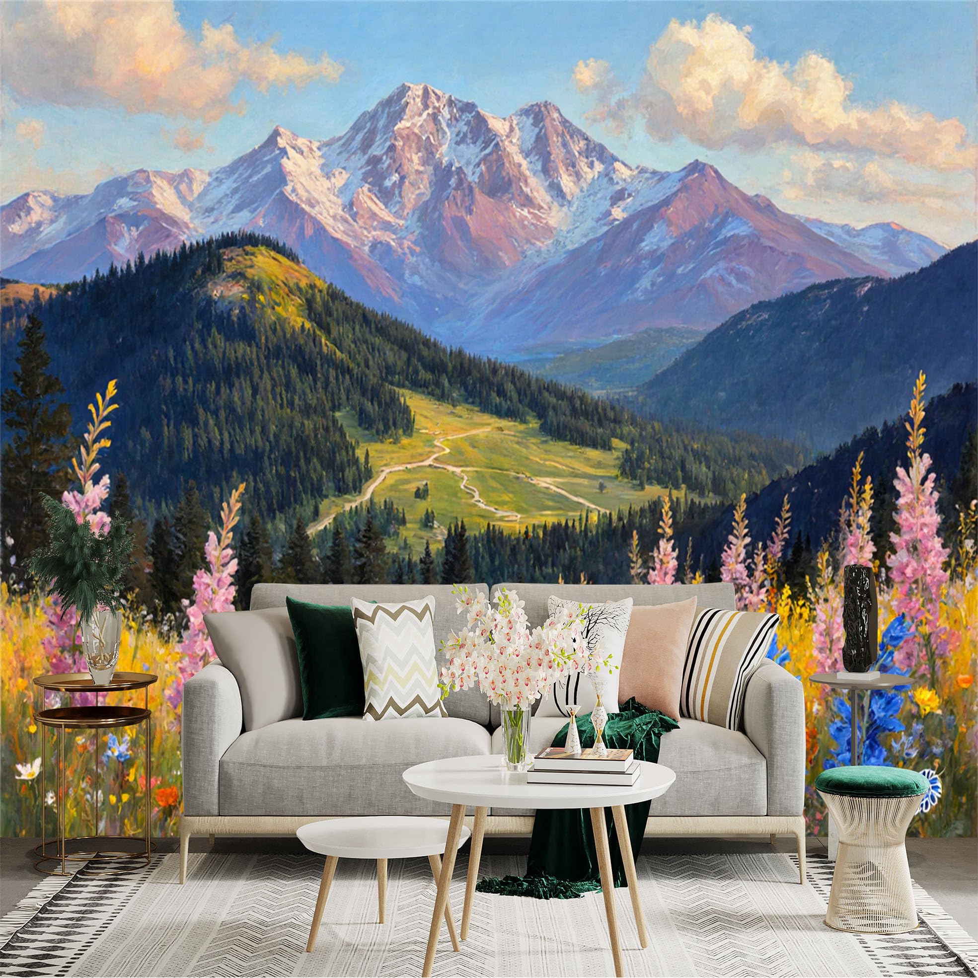 Custom Size Wall Sticker Mural， Majestic Snow Capped Peaks， Vibrant Alpine Wildflower Meadow， Lush Evergreen Forest Scenery， for wall Decoration， peelandstick wall Decals.