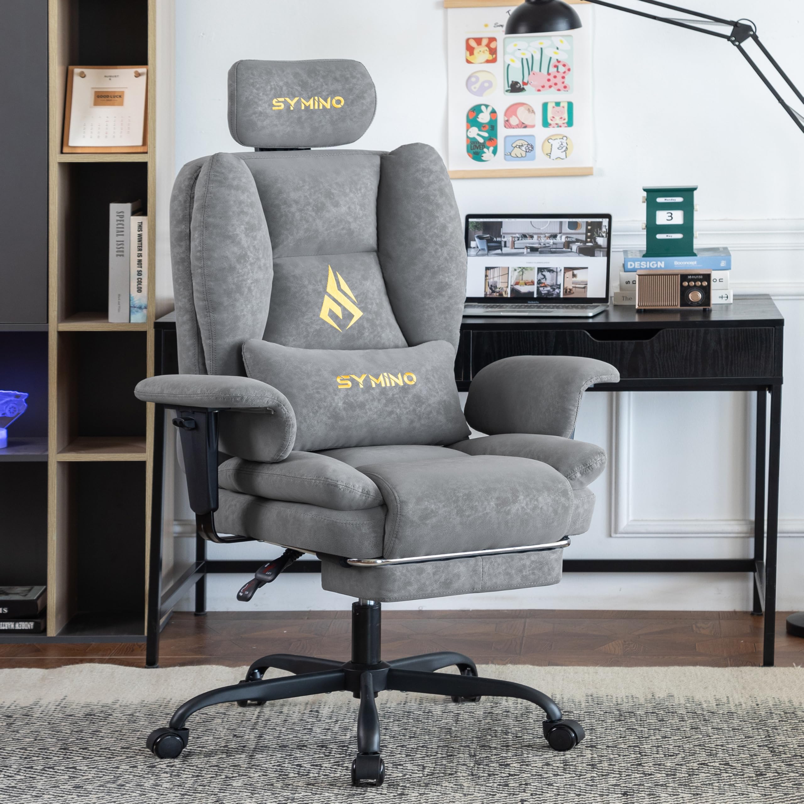 Symino Gaming Stuhl Sofa-ähnliches Chefsessel Bürostuhl Ergonomisch | Schreibtischstuhl mit Fußstütze Höhenverstellbarer Office Chair Computerstuhl 130kg, Grau