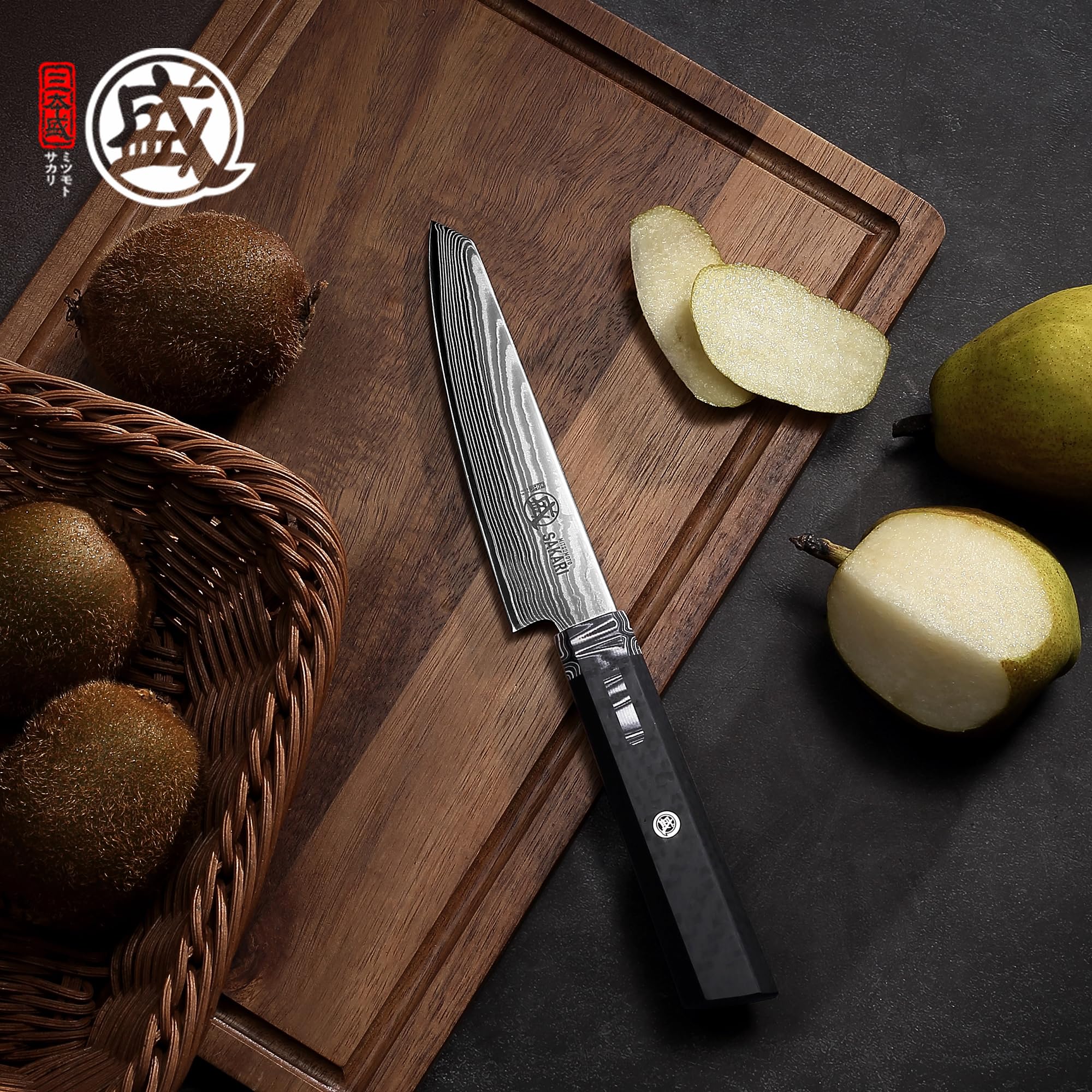 MITSUMOTO SAKARI 11 cm SG-PRO Schälmesser, Obstmesser im Japanischen Stil | Professionelles Damaszener Kochmesser, Schälmesser für Gemüse und Obst in der Küche, Ergonomischer G10-Griff
