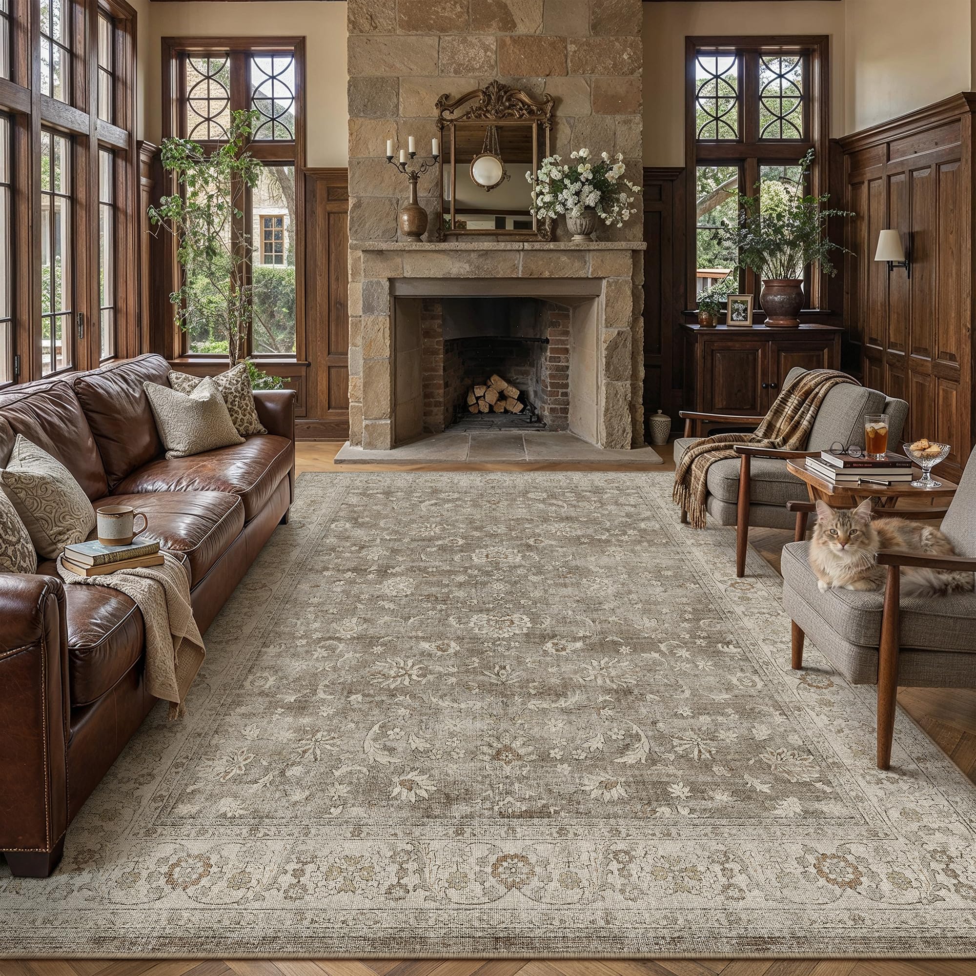 PureCozy Brown Gray Area Rug 9x12 Vintage Floral Distressed