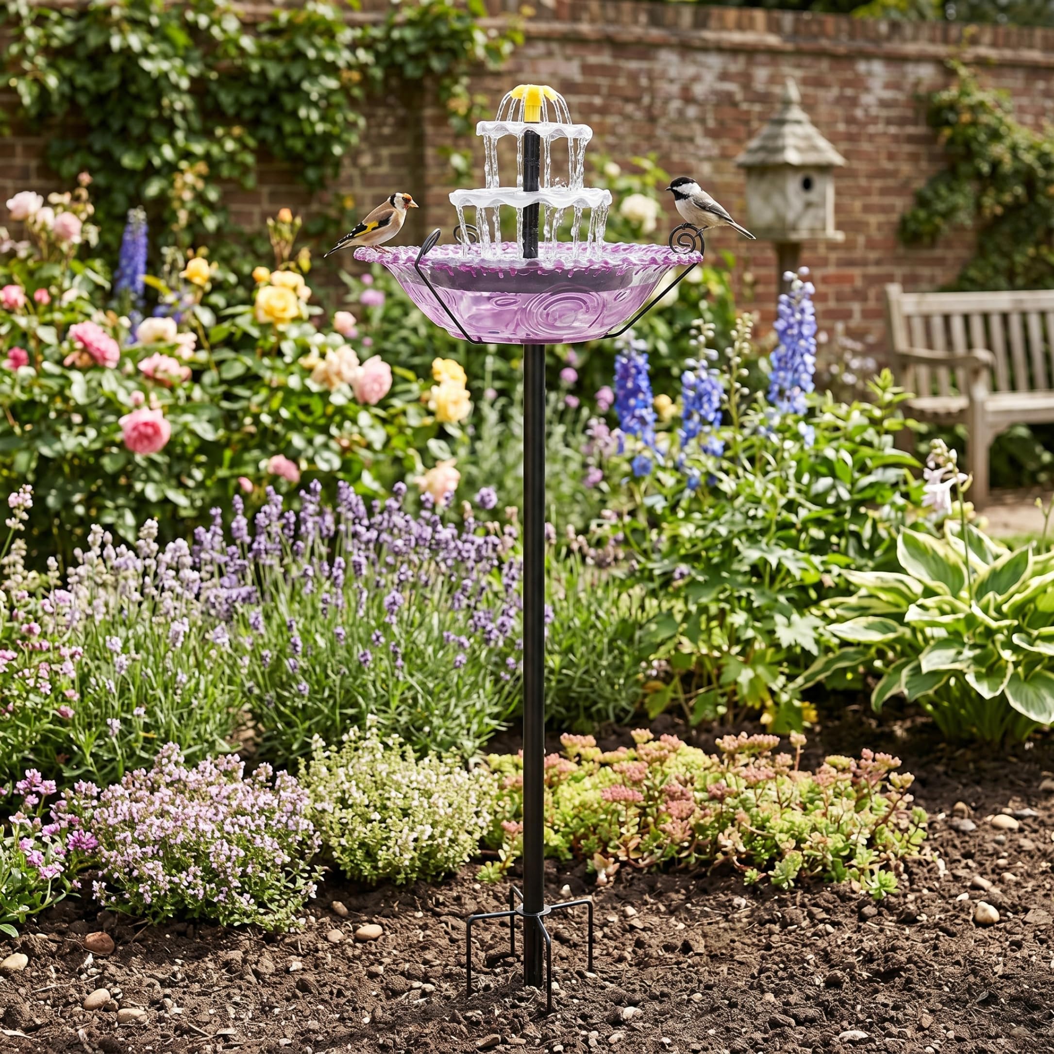 Comebachome Solar Bird Bath Fountain, 2-in-1 Bird Bath for Outside with Solar Fountain, Ground Stake Install, Purple, Summer Use