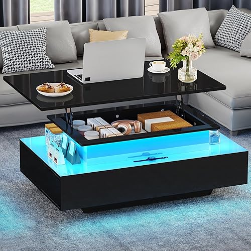 YITAHOME Lift Top Coffee Table, Coffee Table with Storages for Living Room, Rectangular Coffee Tables with 4 Spacious Drawers, Modern Coffee Table with LED Light, Black