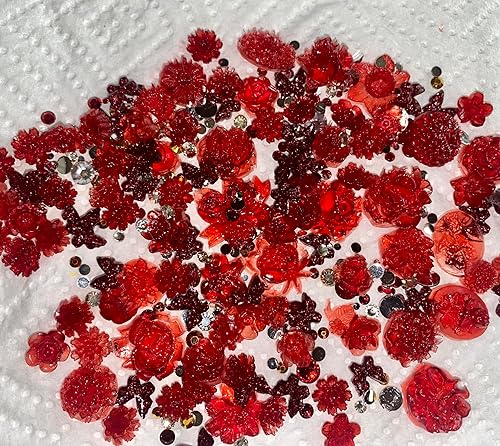 Abalorios acrílicos surtidos de flores, múltiples formas, flores, mariposa, lazo, 3D, dijes de uñas huecas, perlas huecas (rojo)