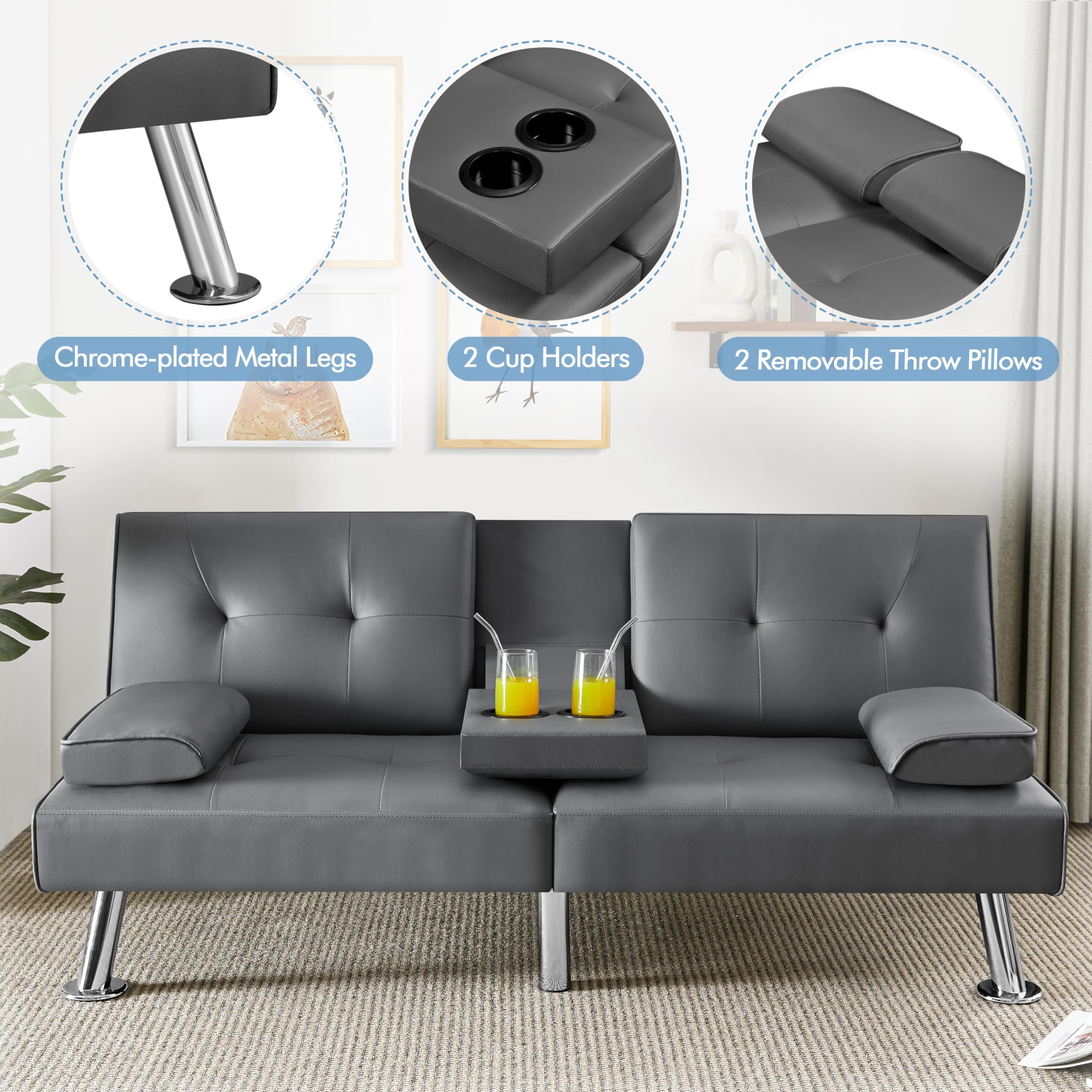 Yaheetech Convertible Futon Sofa Bed Loveseat with Cup Holder, Gray | 3 Angles Sofa, Recliner Chair, Bed, Compact Faux Leather Love Seat for Living Room, Guest Room, Dorm, Small Apartment