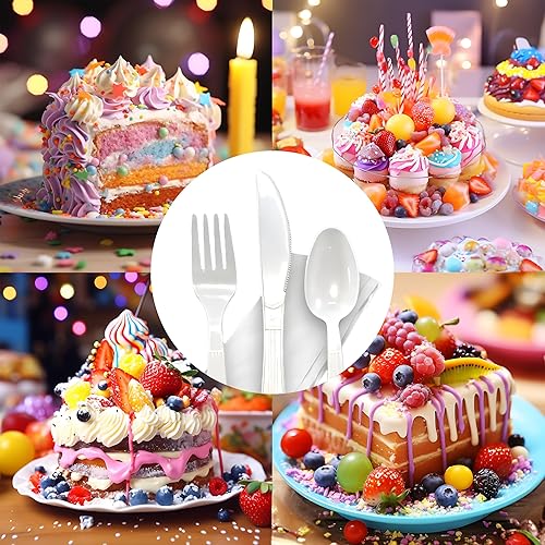 Miniatura 5 de Pokanic Juego de cubiertos de plástico envueltos a granel, paquete variado de cubiertos desechables, suministros para fiestas, tenedores, cucharas,
