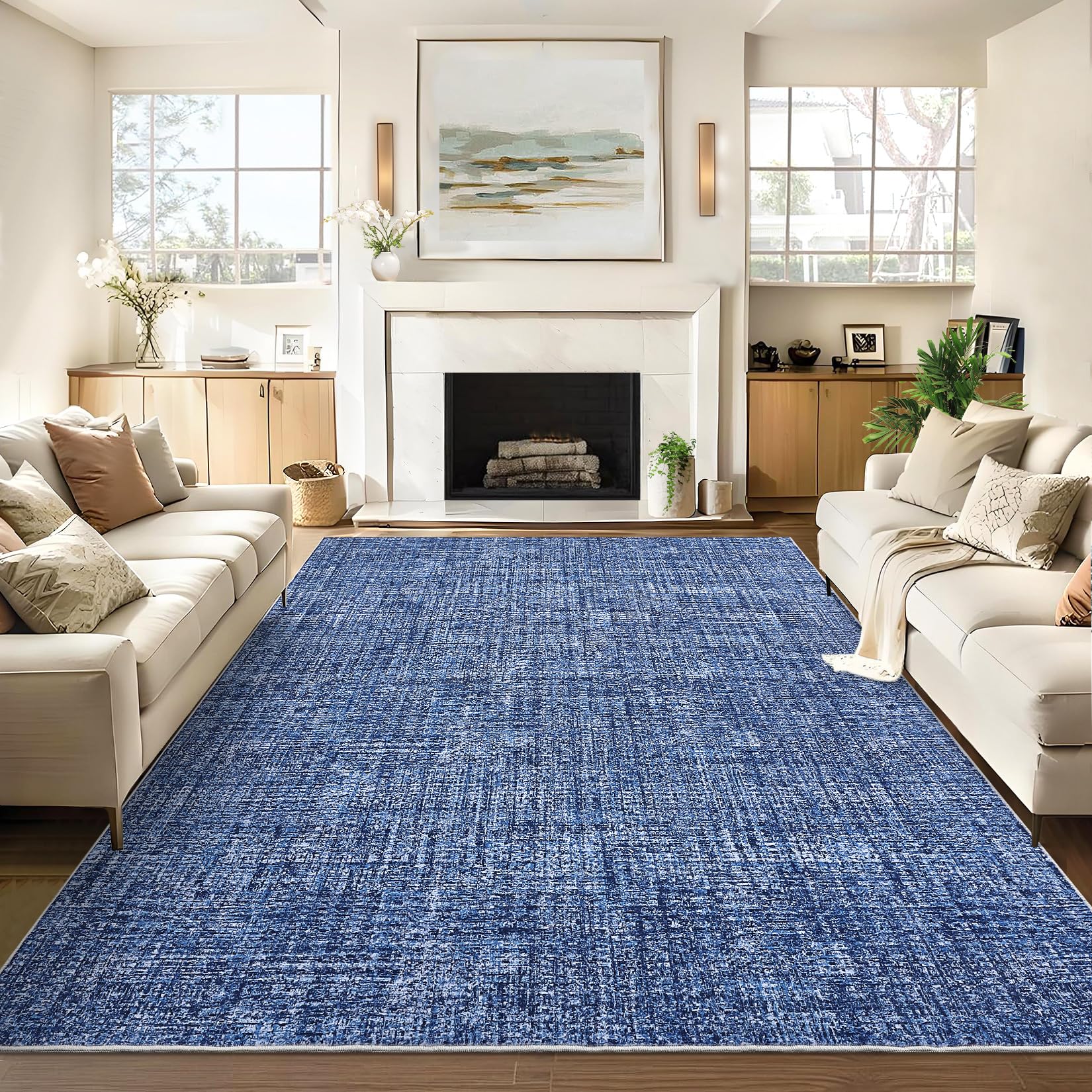 Photo 1 of [STOCK PHOTO FOR REFERENCE] GarveeHome Washable Rugs 8x10 Rug for Living Room, Modern Solid Rug with Non Slip Backing, Plain Carpet for Bedroom, Distressed Stain Resistant Accent Carpet for Dining Room Farmhouse Dorm, Blue