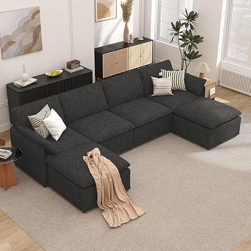 U Shaped Sectional Couch, 129" Sectional Cloud Couch for Living Room,Fluffy Modular Sofa with Textured Corduroy,4 Seaters with 2 Ottomans,Pet-Friendly Comfy Modern Deep Seat Sofa Set,Dark Gray