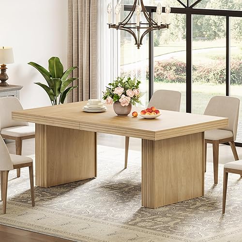 Miniatura 5 de Tribesigns Mesa de comedor de granja de 63 pulgadas para 6, mesa de cocina moderna con línea acanalada para comedor, sala de estar, natural