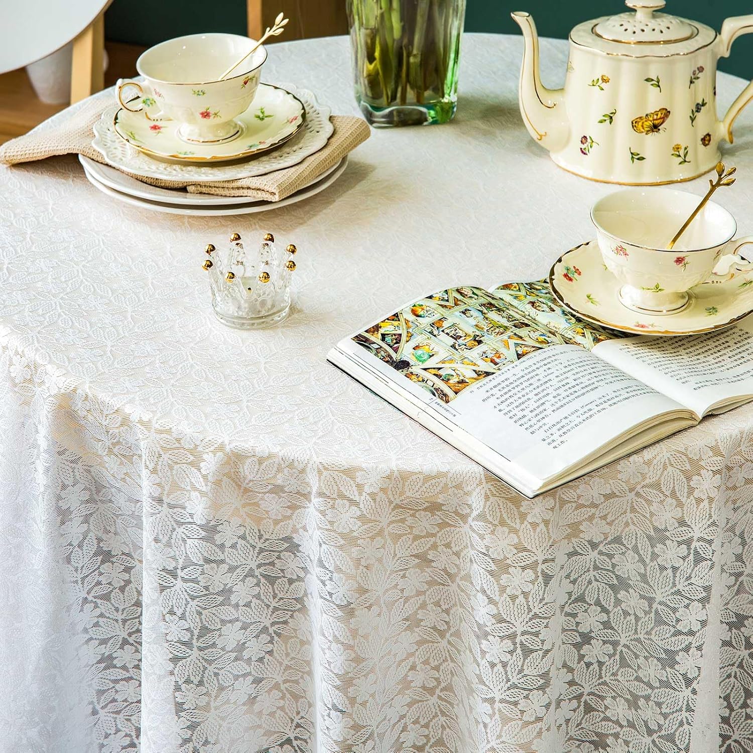 Lace Tablecloth Leaf Pattern Warp Knitting Fabric Solid White Round Table Cover for Kitchen Dining Farmhouse Wedding Party Decor Ivory,108 Inch