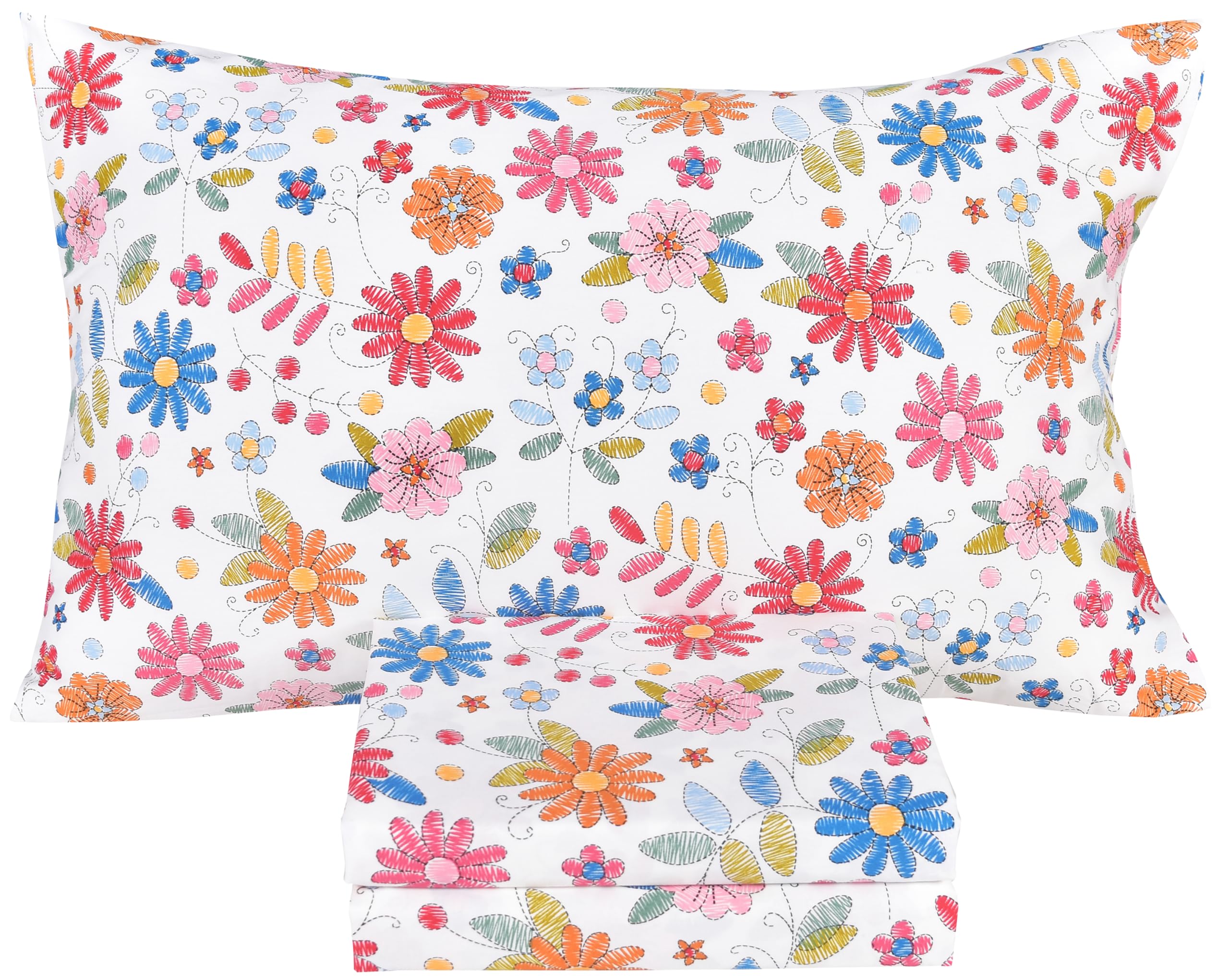 Scientific Sleep Kids Hand Sketch Flower Leaves Pastoral Garden Cute 100% Cotton 3 Pcs Twin Bed Sheet Set Kids Girls Teen, Flat Sheet &amp; Fitted Sheet &amp; Pillowcase Girls Room Decro Bedding Set
