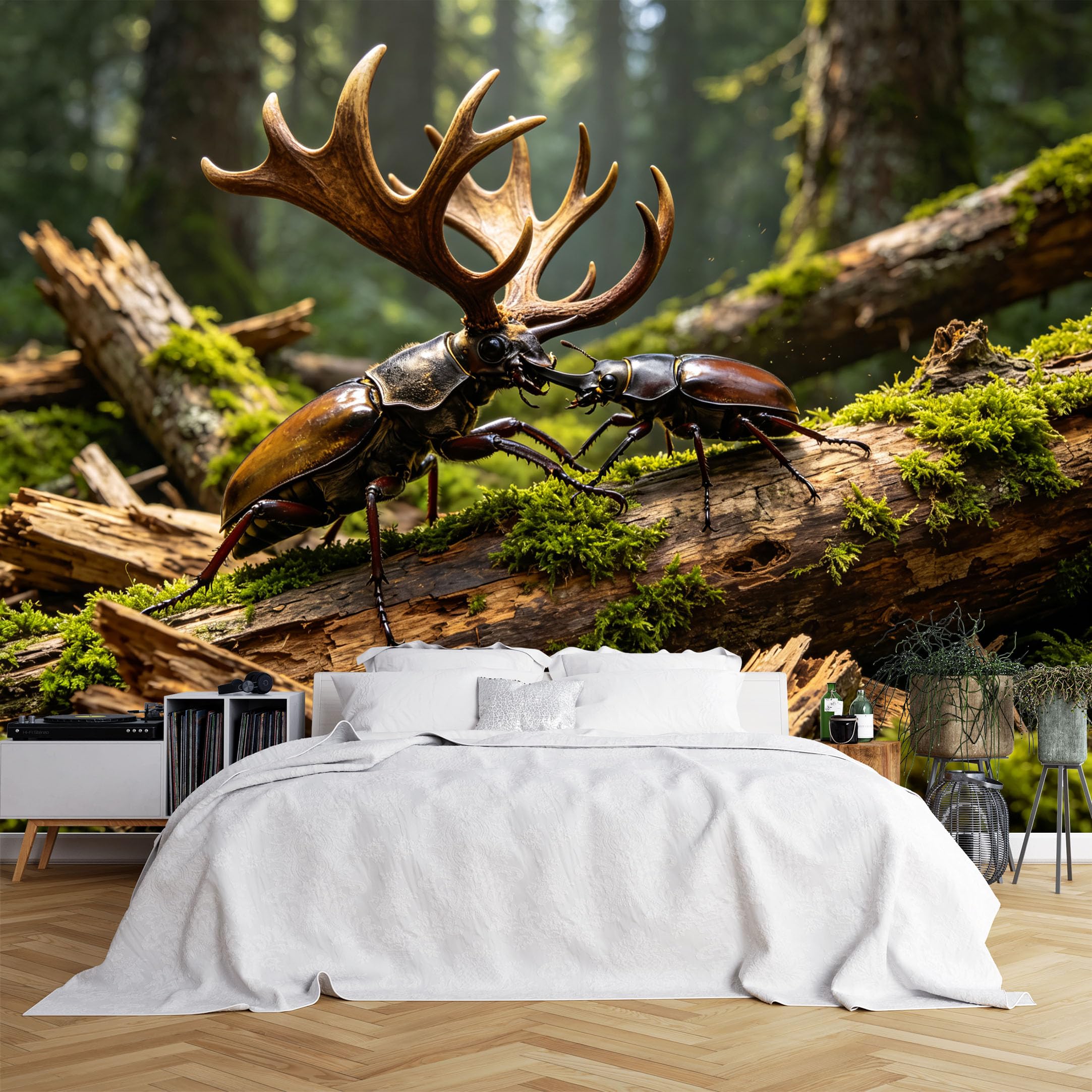 Lcythiazole Ch260615176 Custom Size Wall Murals Two Stag Beetles Fighting On Mossy Dead Log Full Wall Self-Adhesive Wall Fabric (No Pvc) Removable Wallpaper For Classroom Decor