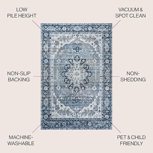 Miniatura 2 de JONATHAN Y WSH108B-3 ASA Medallón adornado lavable a máquina, azulcrema, 3 x 5 pies, fácil de limpiar, no desprende pelusa para el hogar, cocina,