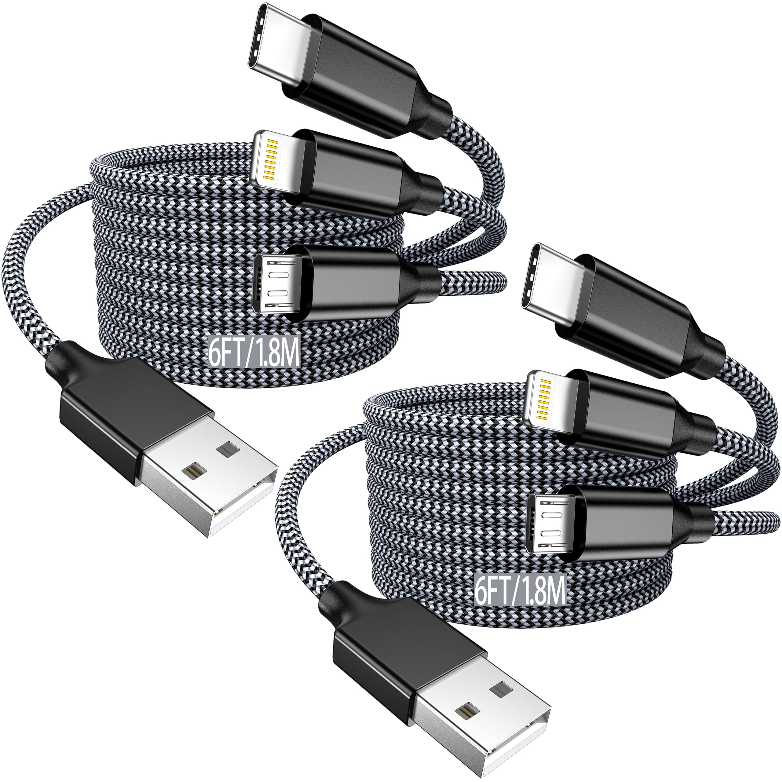 Cavo di ricarica multiplo (1,8 m, 2 pezzi) USB 3 in 1 multi cavo di ricarica per iPhone, certificato Apple MFi, in nylon intrecciato, cavo veloce USB con micro USB di tipo C, per la maggior parte dei