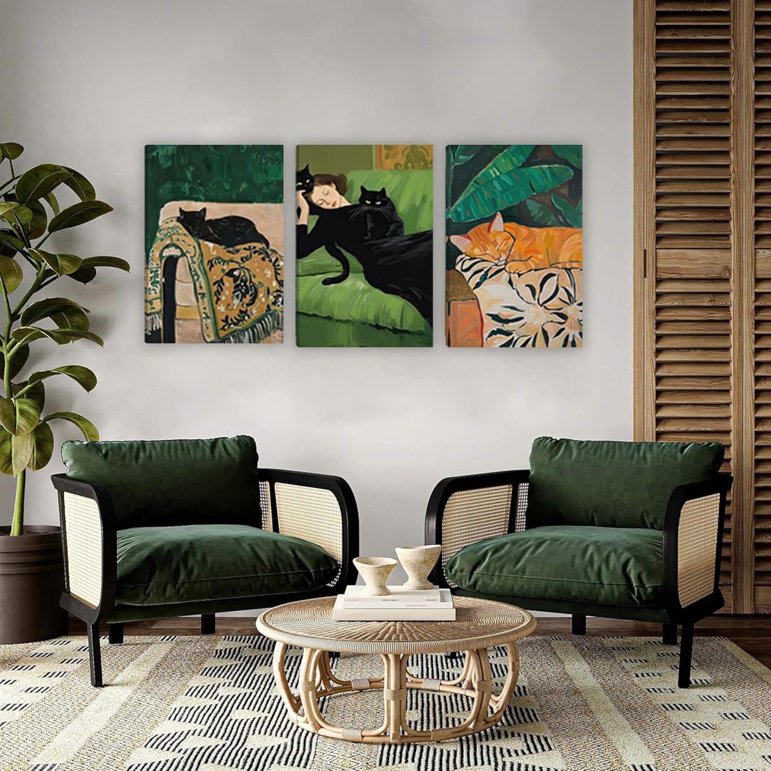 3Pcs Vintage Black Cat Canvas Wall Art Emerald Green And Orange Poster Print Sofa Sleeping Woman With Black Cat Awall Deocr Retro Pictuer Painting For Living Room Bedroom Bathroom Home Decoration​ 16×24 in( Canvas stretched over a wooden frame)
