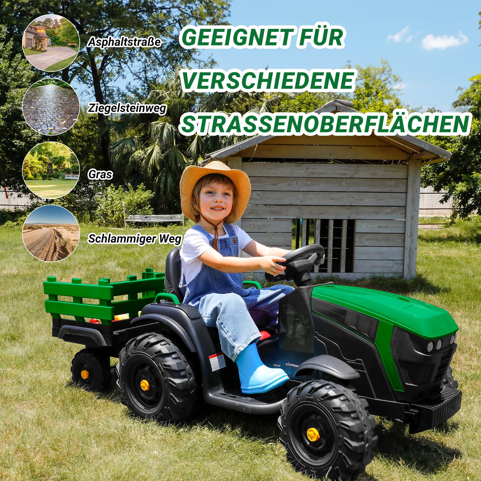ELEMARA 24V 9AH Elektrischer Traktor für Kinder mit leicht abnehmbarem Anhänger, 400W Motoren Elektro Traktor, All-Terrain-Fähigkeit, Sicherheitsdesign mit 3-Punkt-Sicherheitsgurt für Alter 3+, Grün