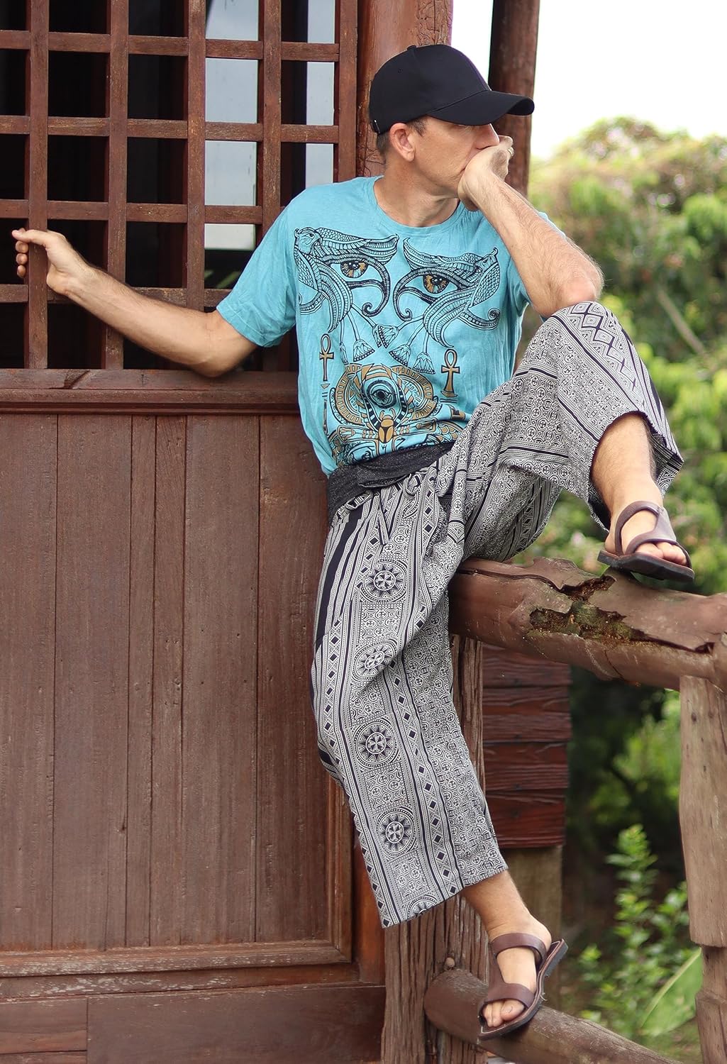 RaanPahMuang Fisherman Pants Casual with Pocket Double Printed Wheel Black Gray sz M/L - Image 2