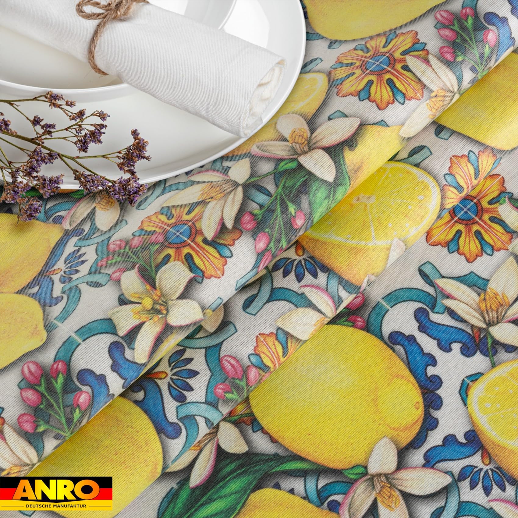 ANRO Mantel de Mesa Cocina Jardín 70% Algodón 30% Poliéster Diseño Limones Mediterráneo Antimanchas Bordes Cortados 260x140 cm