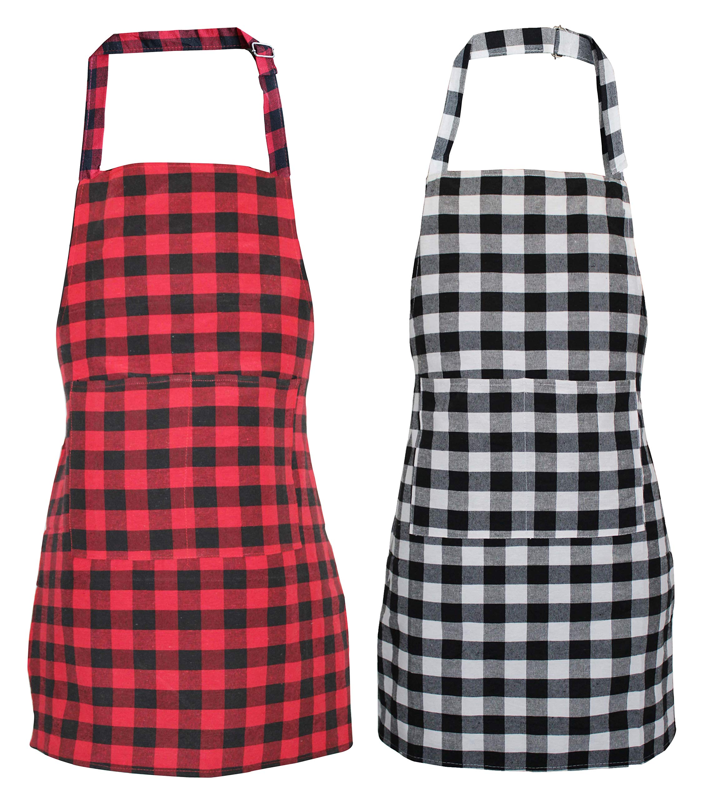 GLUN Waterproof Unisex Kitchen Checkered Design Apron with 2 Roomy Size Front Centre Pocket and Adjustable Neck Strap (Pack Of 2)