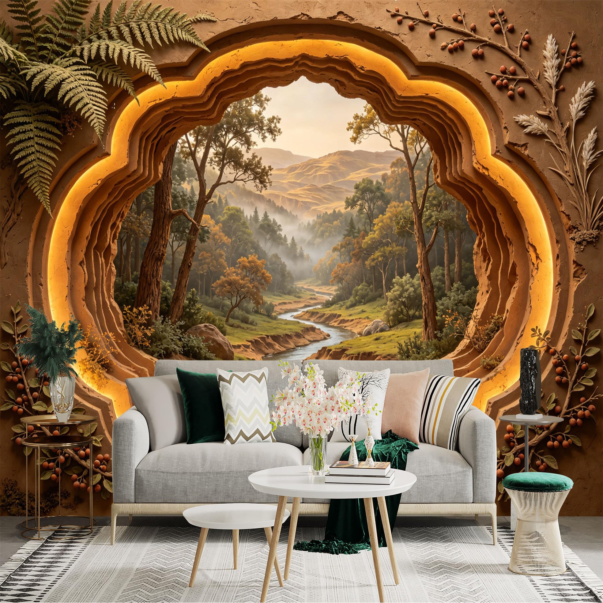 Custom Size Wall Sticker Mural， Scenic Forest Valley with River， Layered Arch and Warm Light Art， for wall Decoration， peelandstick wall Decals.