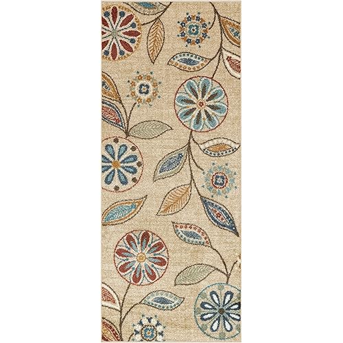 Maples Rugs Reggie Floral Runner Rug - Made in USA - Washable, Non Slip Indoor Carpet for Kitchen, Hallway, and Laundry Room, 2'6" x 6', Beige