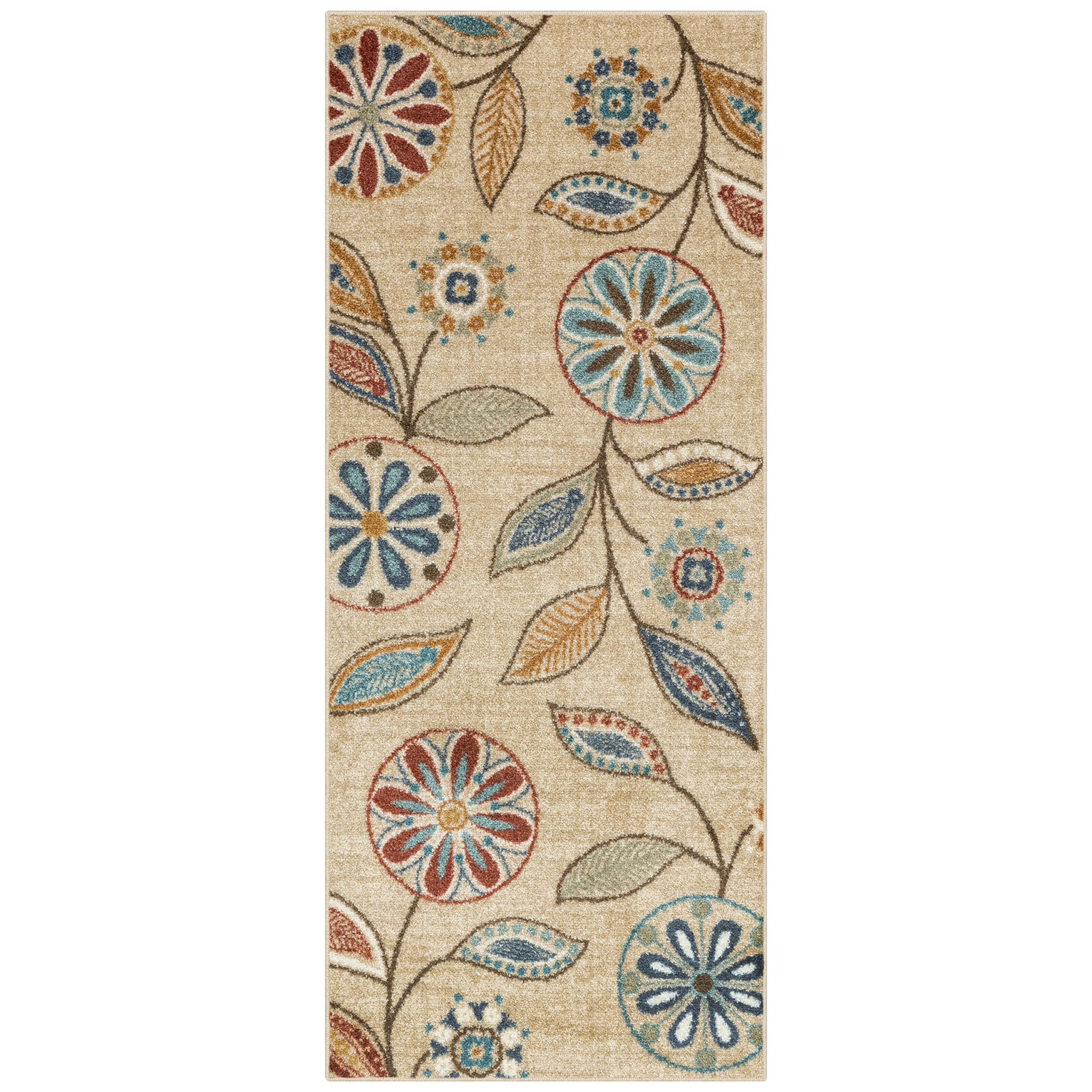 Maples Rugs Reggie Floral Runner Rug - Made in USA - Washable, Non Slip Indoor Carpet for Kitchen, Hallway, and Laundry Room, 2'6" x 6', Beige