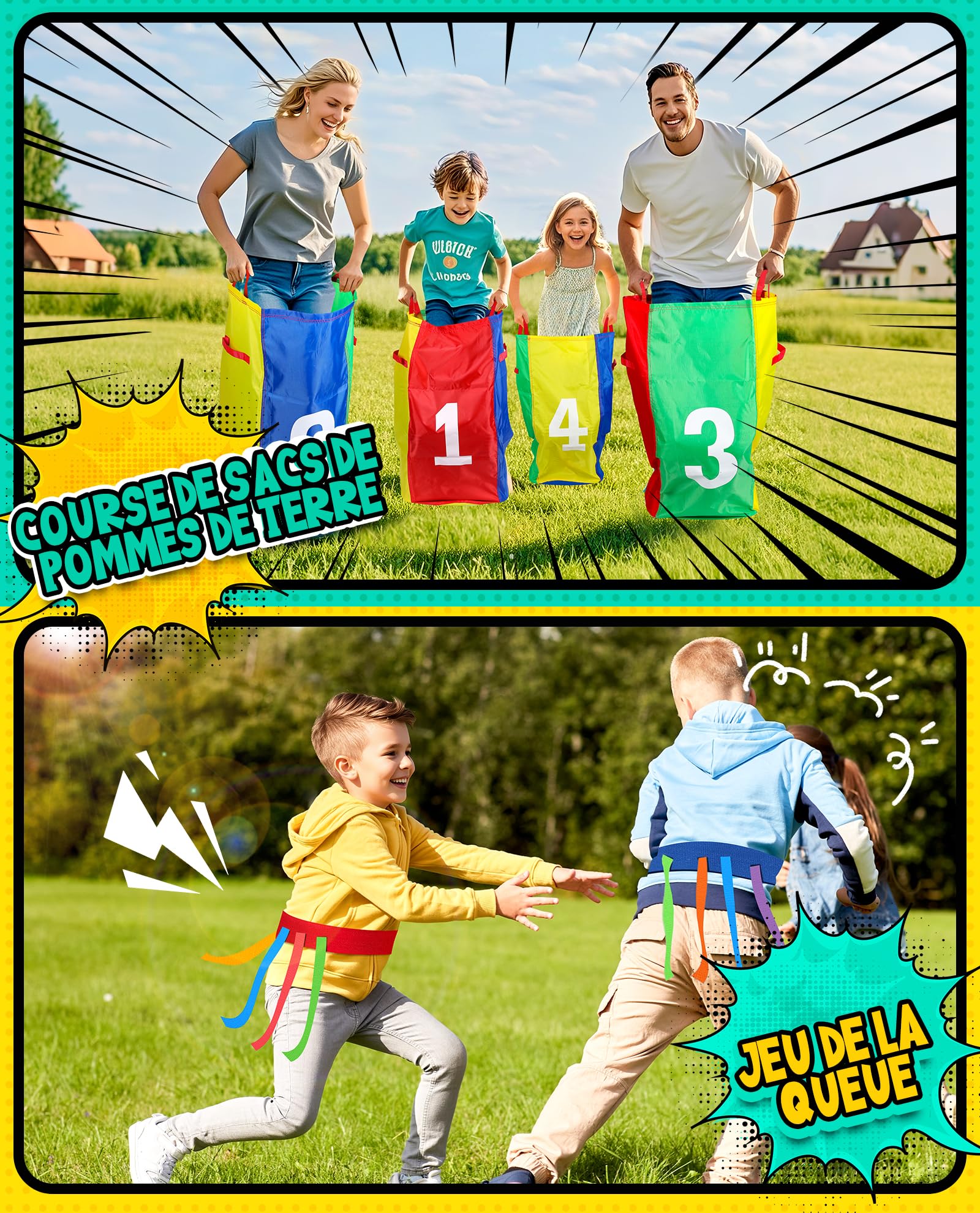 Eocolz Jeux de carnaval en plein air, sacs de pommes de terre, relais de cuillère, bandes de course 3 pieds, jeux de queue, fête d'anniversaire, journée de famille