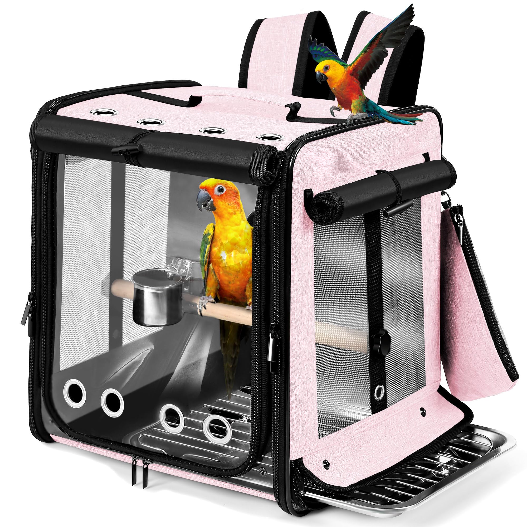 Trasportino per uccelli con cintura di sicurezza per viaggi in auto, zaino per uccelli con rete in acciaio inossidabile indistruttibile, grande gabbia da viaggio per uccelli, rosa