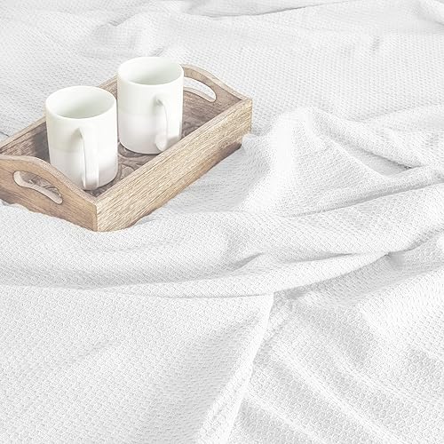 Miniatura 2 de BOUTIQUO Manta de cama 100% algodón, manta térmica transpirable tamaño matrimonial, manta suave de panal de abeja de 90 x 90 pulgadas, manta de cama