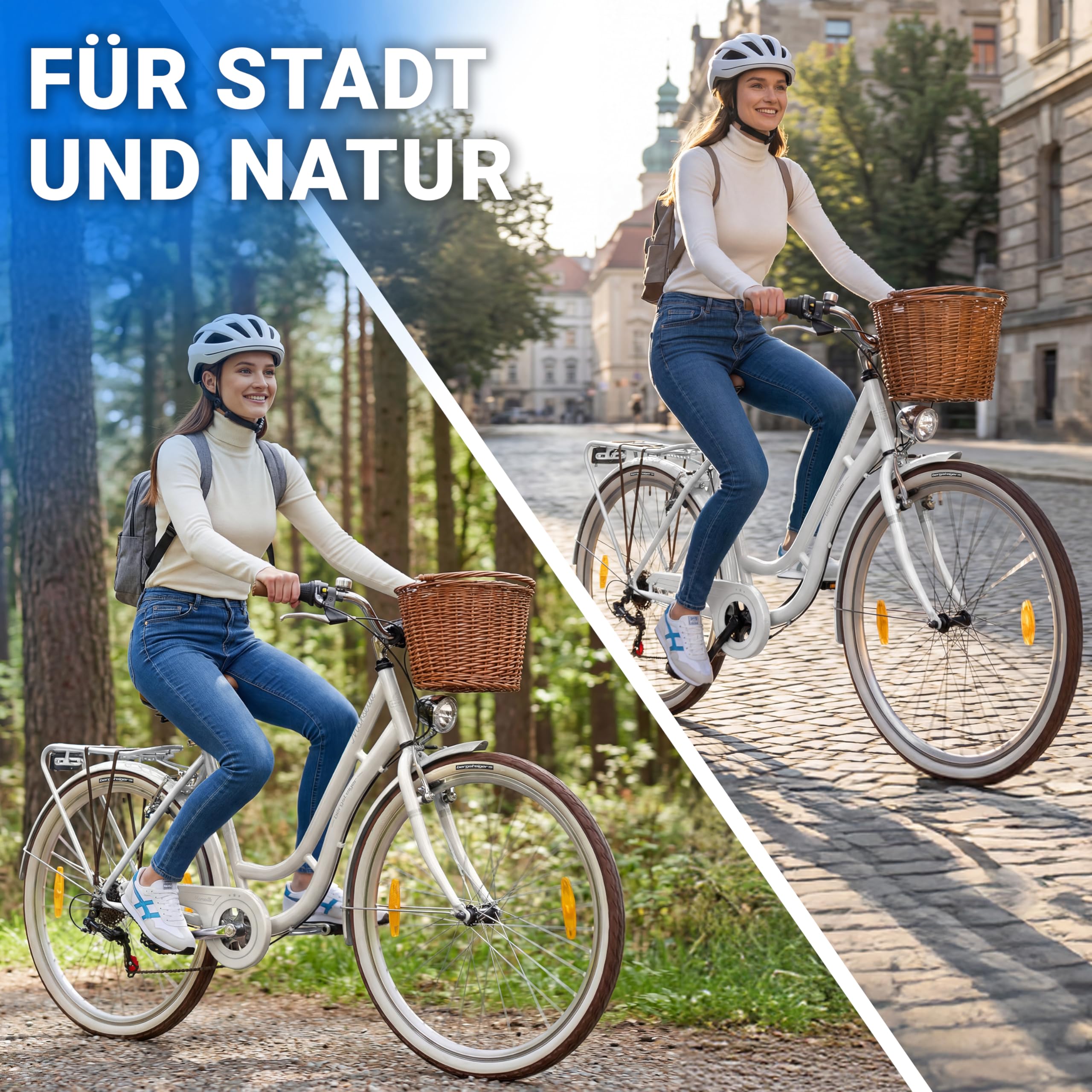 Bergsteiger Marseille 26/28 Zoll Damen Citybike im Retro-Design | Modisches Damenrad ab 150 cm Groesse mit 6 Gängen, Rattan-Korb und StVZO Licht. Zu 90% komplett vormontiert geliefert.