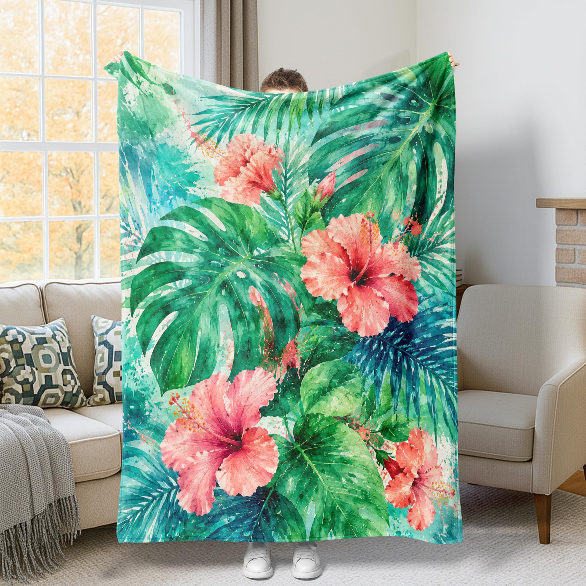 Couverture pelucheuse imprimé hibiscus et palmier exotique pour canapé 152x203 cm