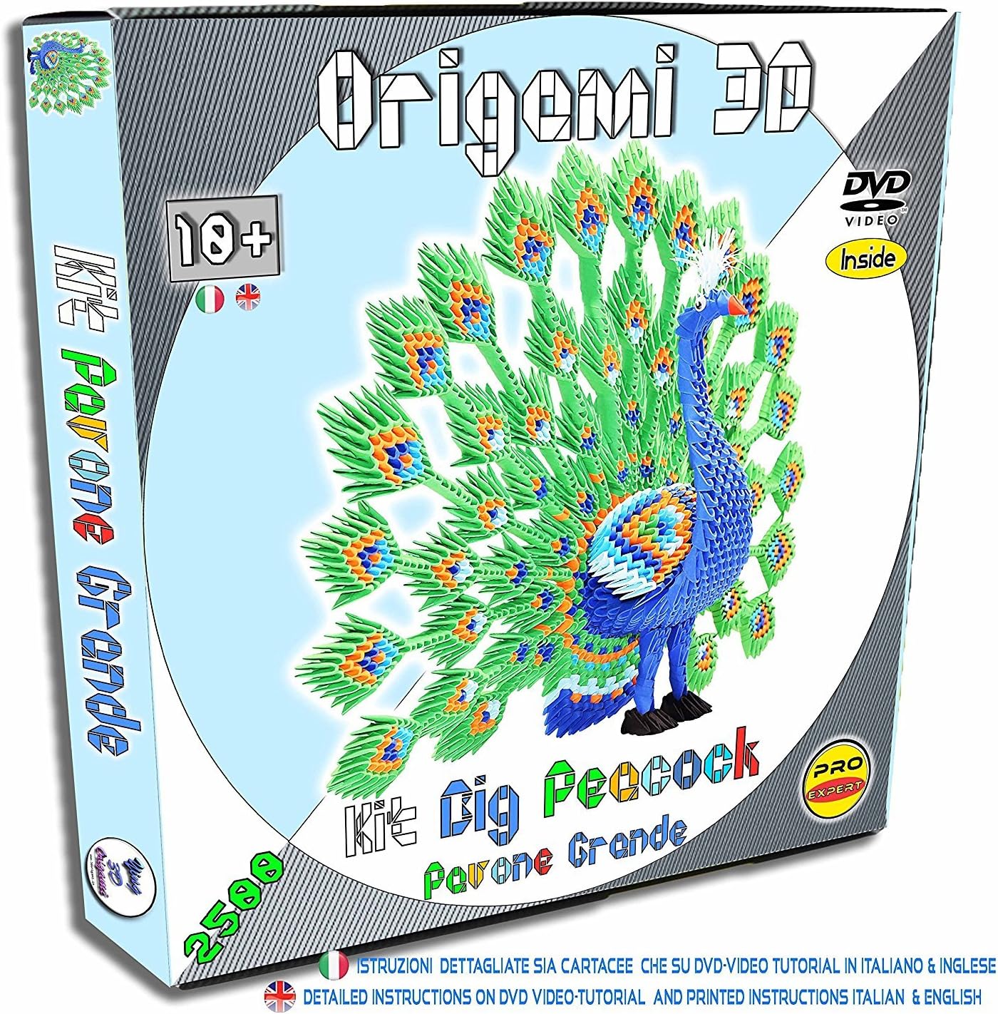 3D Origami Kit Big Peacock - 2500 pcs. cardboard "PRE-MARKED" equal to 1/32 of the base A4 + DVD video tutorial in Italian & English + paper Detailed instructions Italian & English - Level PRO-EXPERT - MADE IN ITALY -CE-