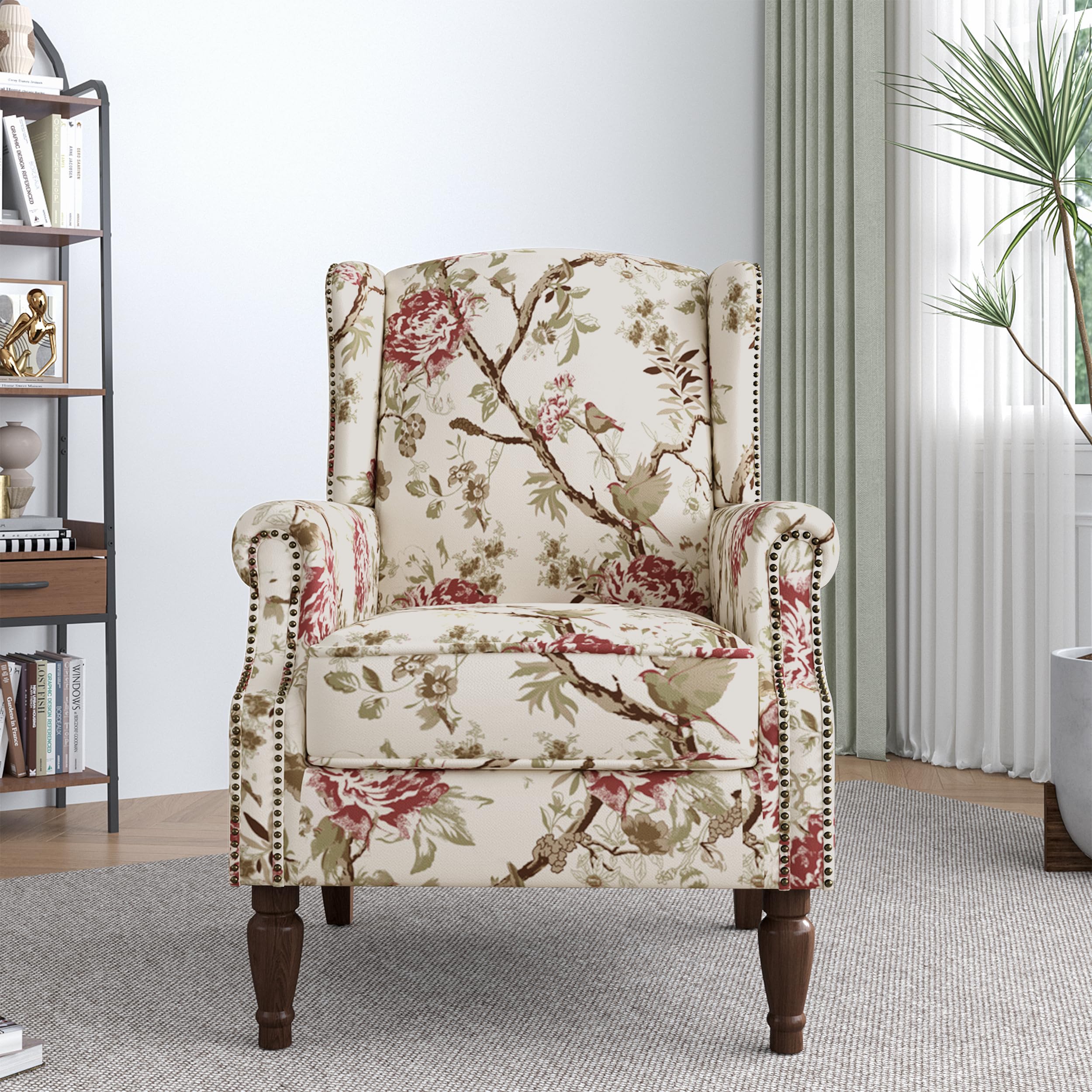 Lumibee Wingback Accent Chair,High Back Floral Armchairs in Fabric,Comfy Upholstered Reading Single Sofa Chair with Solid Wood Legs for Living Room,