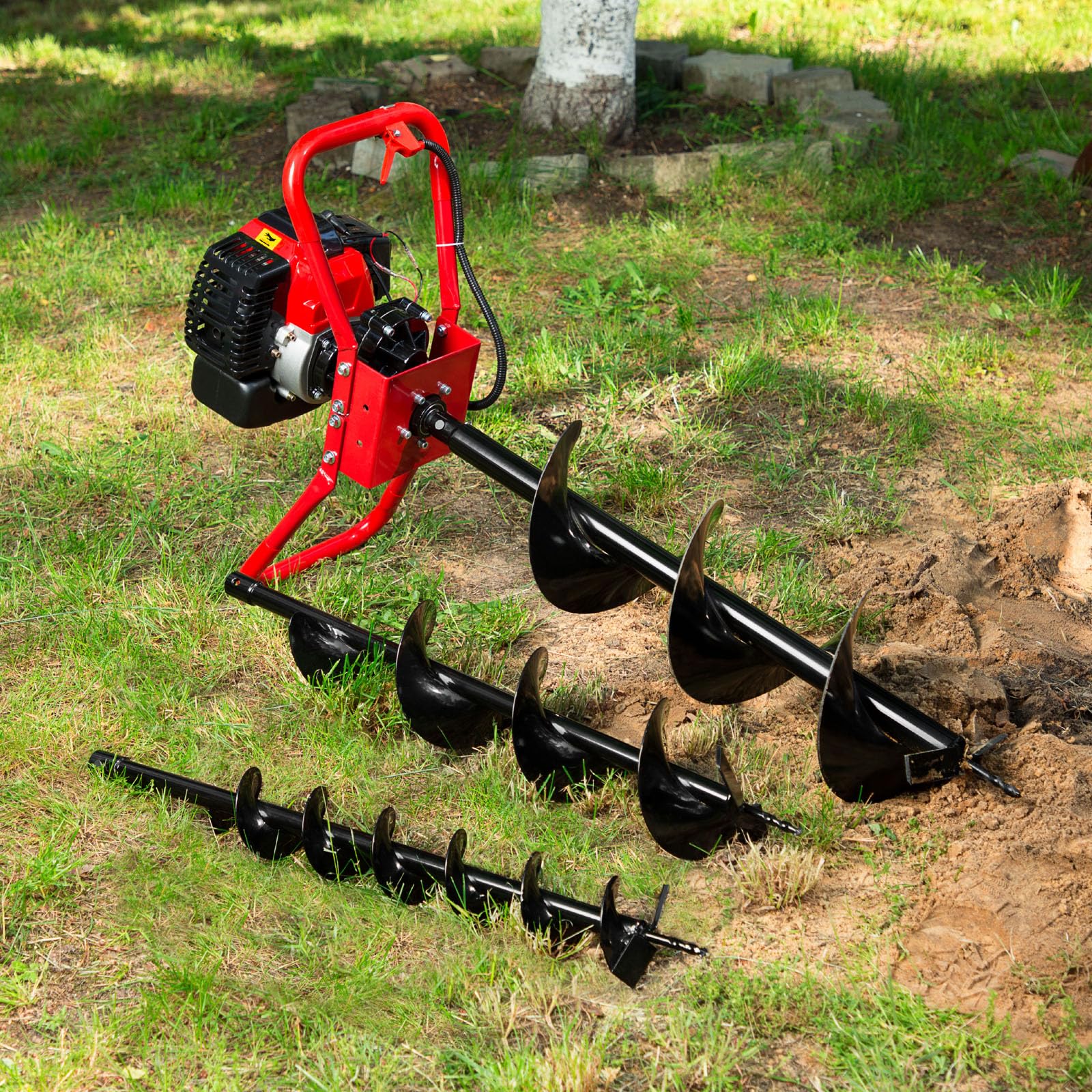 EBERTH Erdlochbohrer Erdbohrer Gartenbohrer Benzin 3PS, Inkl. 3 Bohrer mit 100, 150, 200mm Durchmesser, Großer Griff, 52ccm, 2-Takt Motor, 1,2L Tank, Fliehkraftkupplung, stufenlose Drehzahlsteuerung