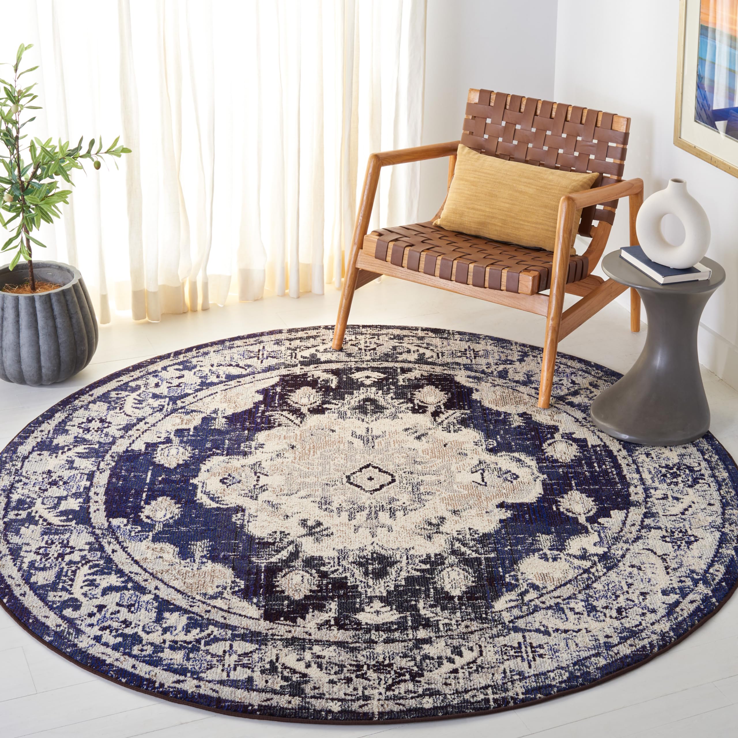 SAFAVIEH Monaco Collection Area Rug - 6'7" Round, Ivory & Navy, Non-Shedding & Easy to Clean, Distressed Medallion Design, Ideal for Living Room,