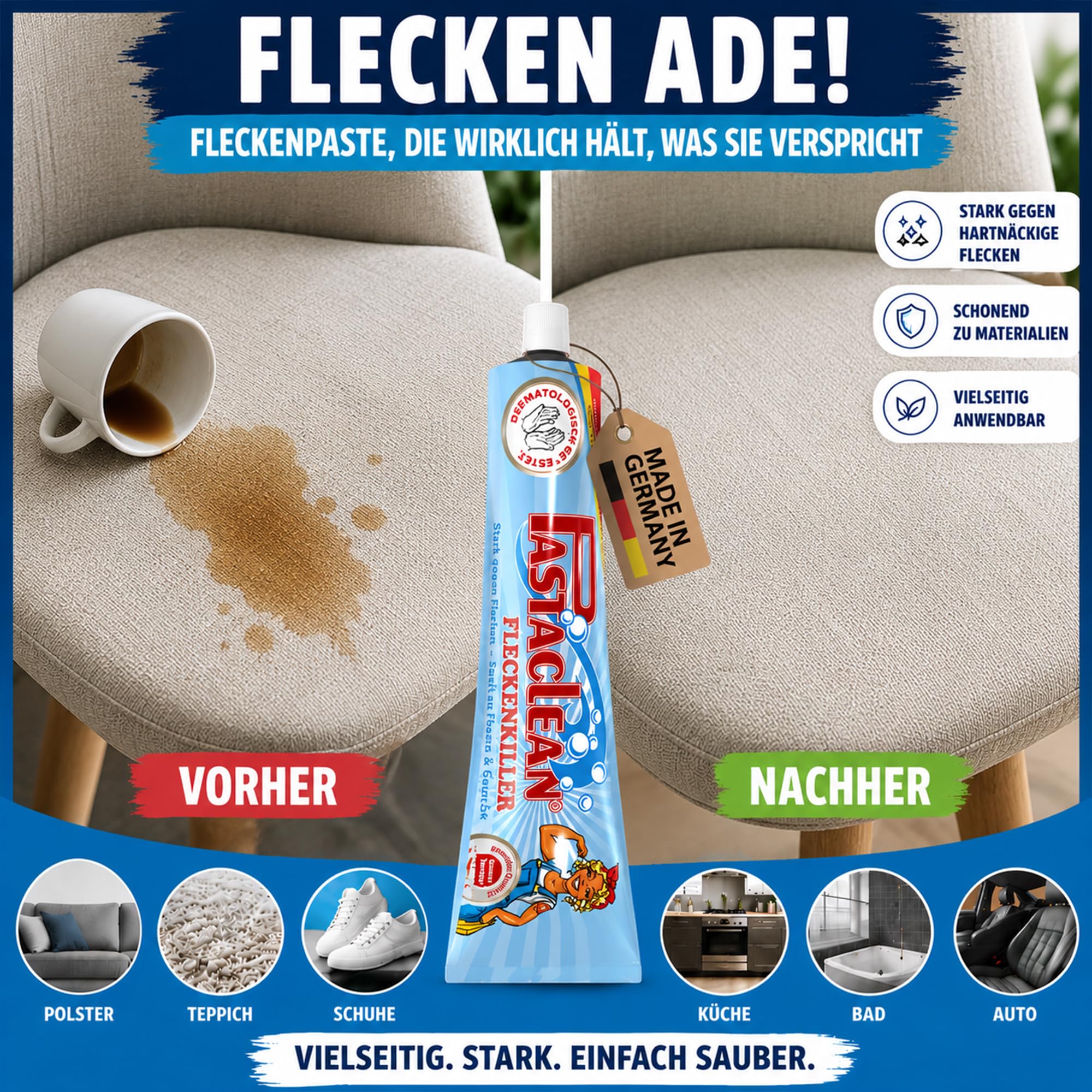 Pastaclean Fleckenpaste, Fleckentferner für alle Fleckenarten, 4x 100ml + Schwamm
