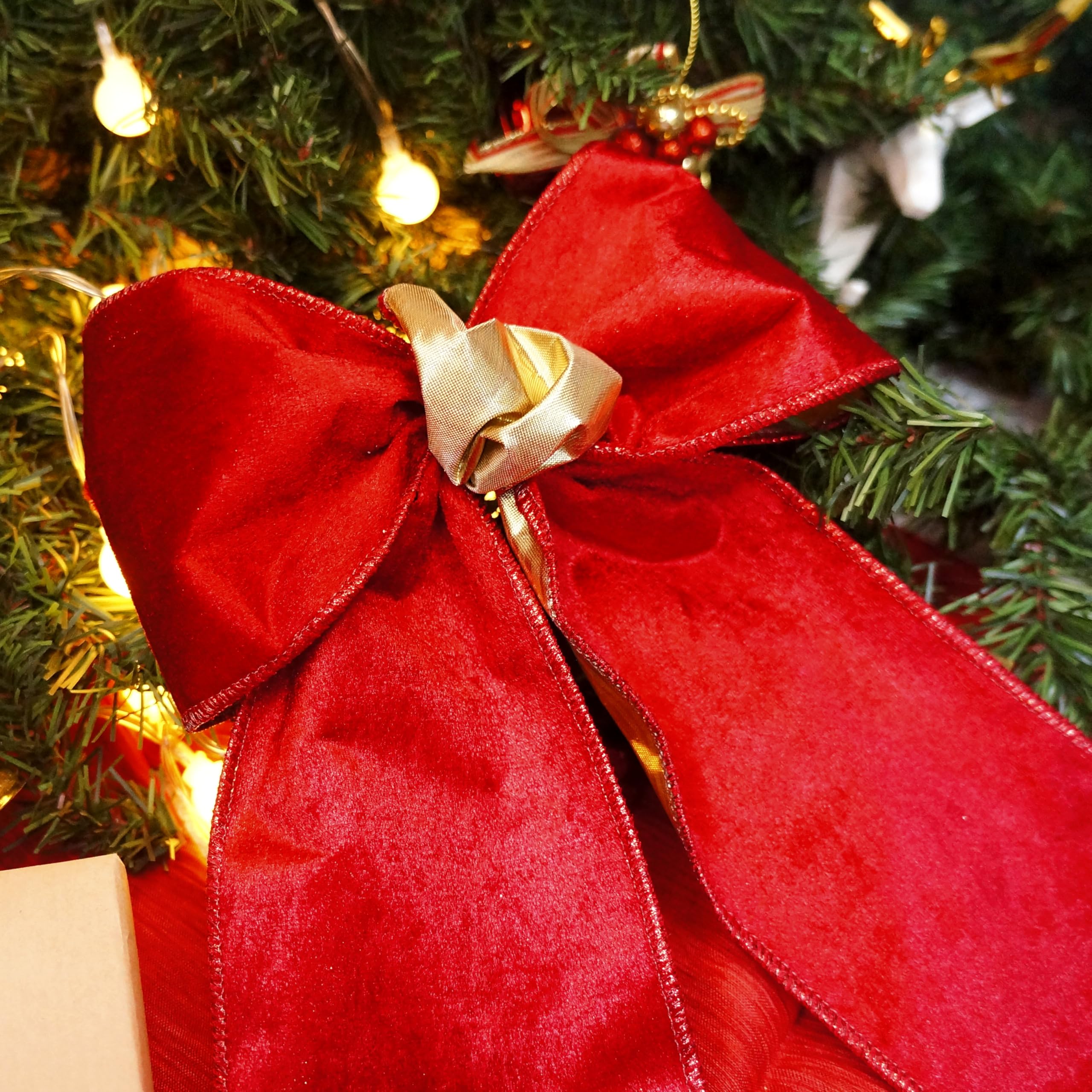 Rotes Samtband mit goldfarbener Metallic-Rückseite, Drahtband, 10,2 cm x 9,1 m, für Weihnachtsbaumspitze, Heimdekoration, Kranz, Geschenkverpackung, DIY Handwerk