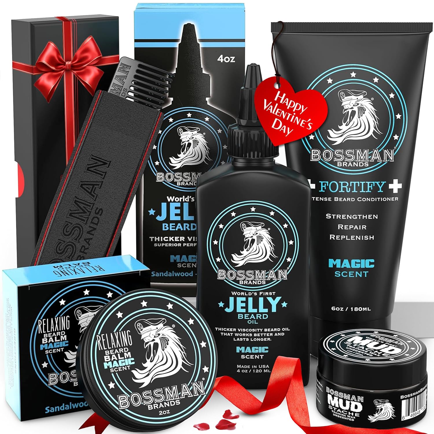 Bossman Complete Beard Kit – Men's Beard Oil Jelly, Fortifying Shower Conditioner, Balm, Mustache Wax & Comb – Beard Softener & Grooming Care – Men Gift Set (Magic Scent)