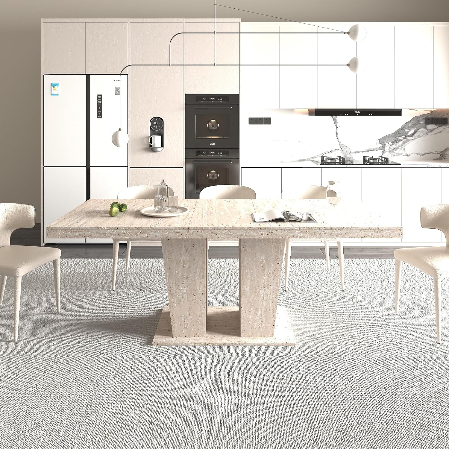 KEIKI 63"-79" Extendable Rectangular Dining Table for 6-10, Aged Wood Farmhouse Kitchen Table with Veined Travertine Pattern and Thick Top, Large Dining Room Table, Beige