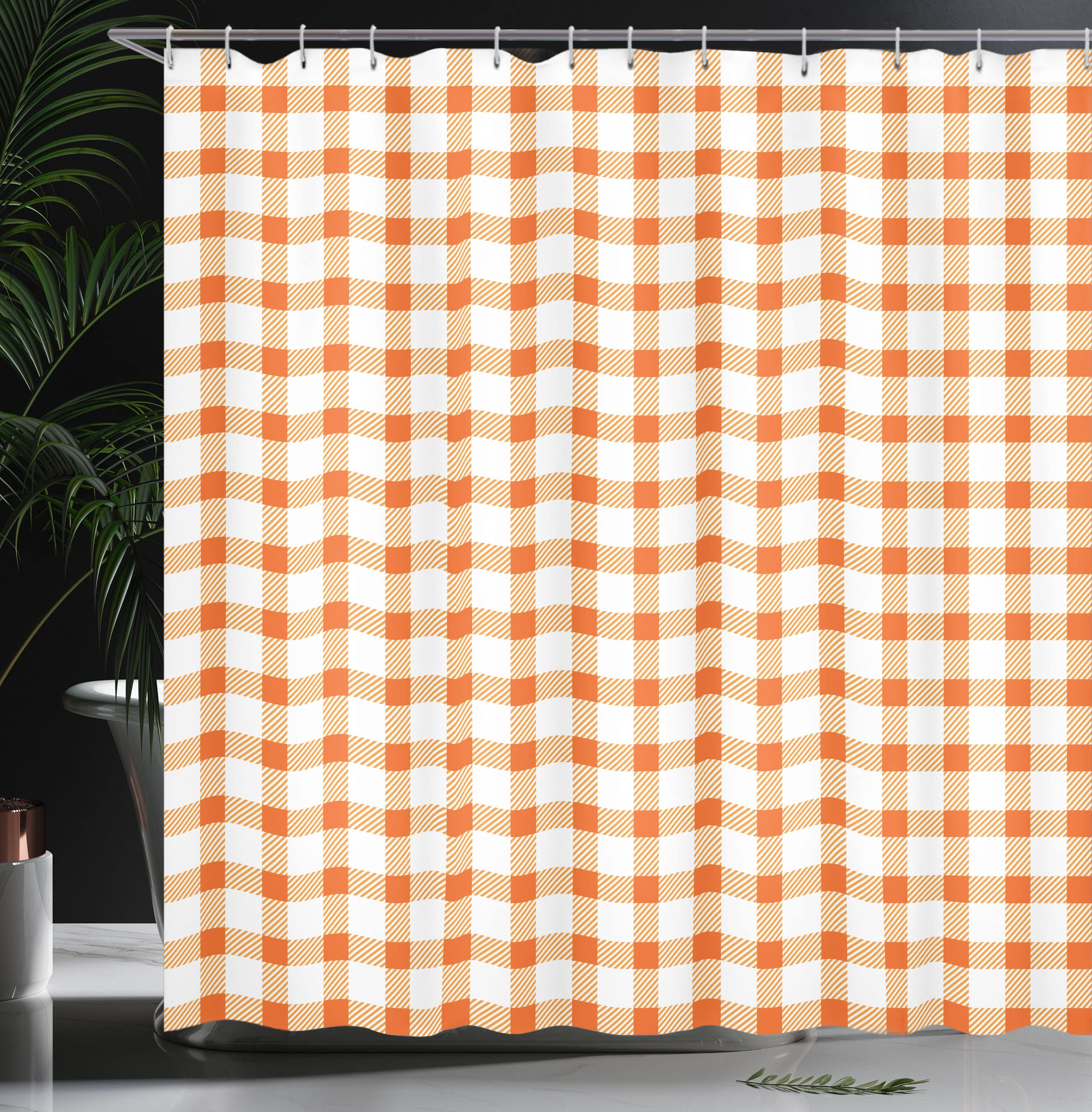 ABAKUHAUS Orange and White Shower Curtain, Retro Gingham Style Checkered Squares Pattern in Warm Colors Plaid - Image 3
