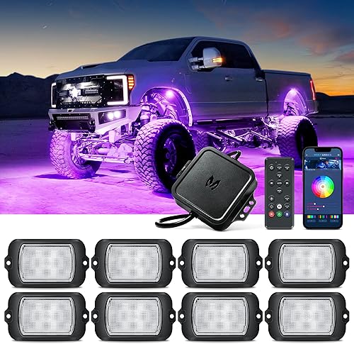 MICTUNING Kit de luces de roca RGB X2 actualizado 2025 – Kit de iluminación de luz de neón de 8 cápsulas IP68 impermeable con aplicación Bluetooth y