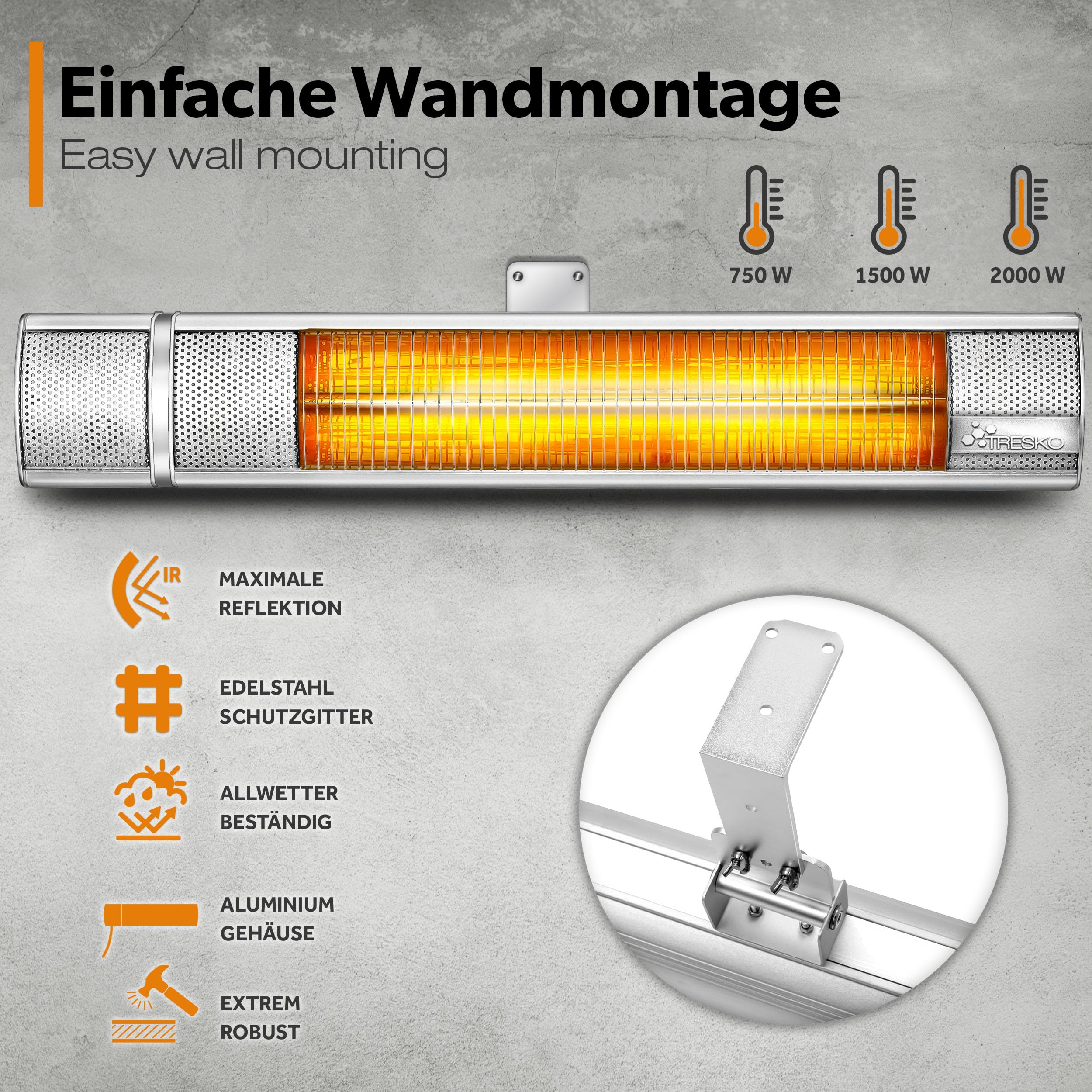 TRESKO Infrarot Heizstrahler 2000W mit Fernbedienung | Wärmestrahler Terrasse elektrisch mit 3 Heizstufen | Terrassenstrahler Innen & Außen | Wand-Heizstrahler Infrarotstrahler Wickeltischstrahler…