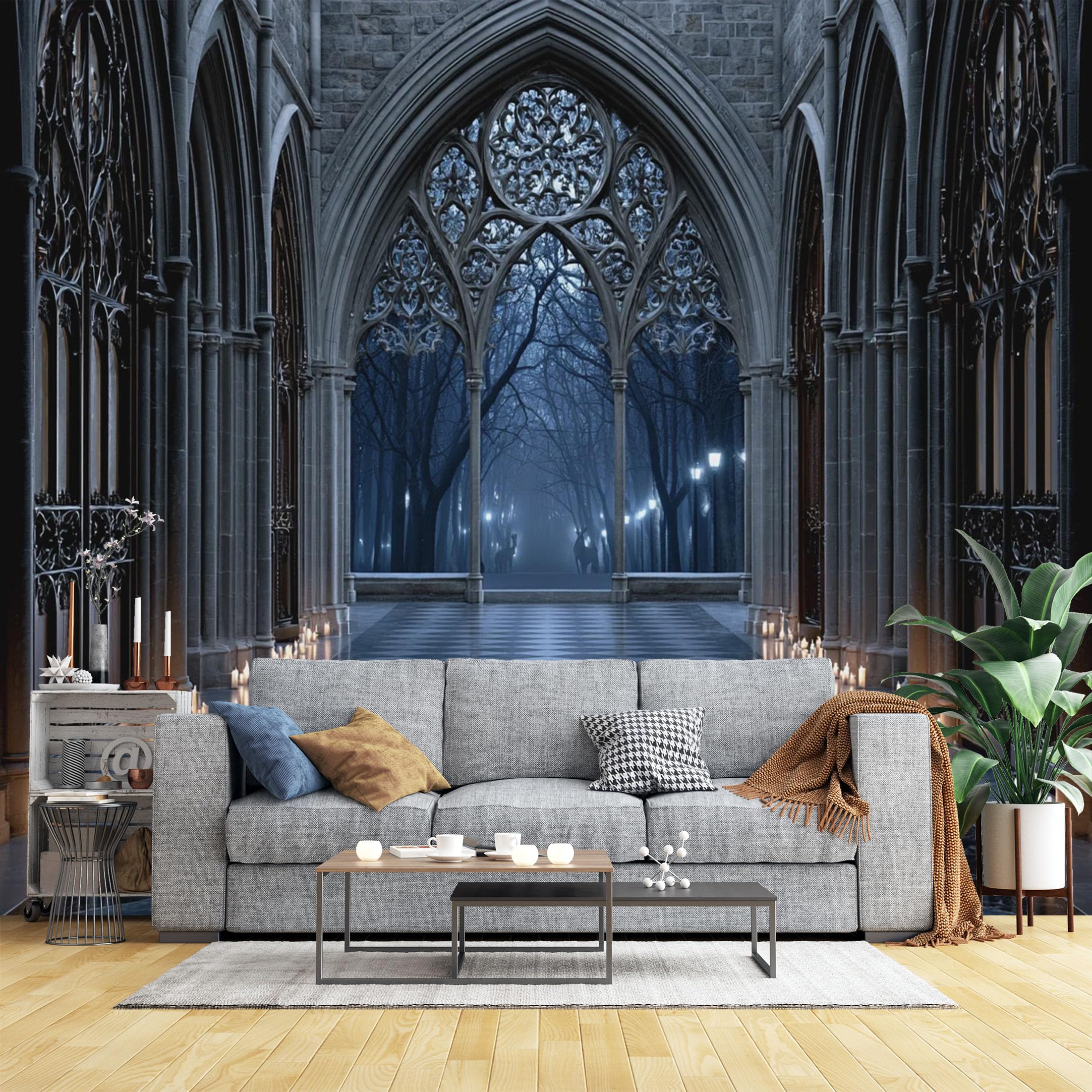 Custom Size Wall Murals Gothic Cathedral Hall with Candles Wall Murals Moody Architecture Wallpaper, Large Photo Wallpaper Self-Adhesive Removable Wallpaper for Living Room