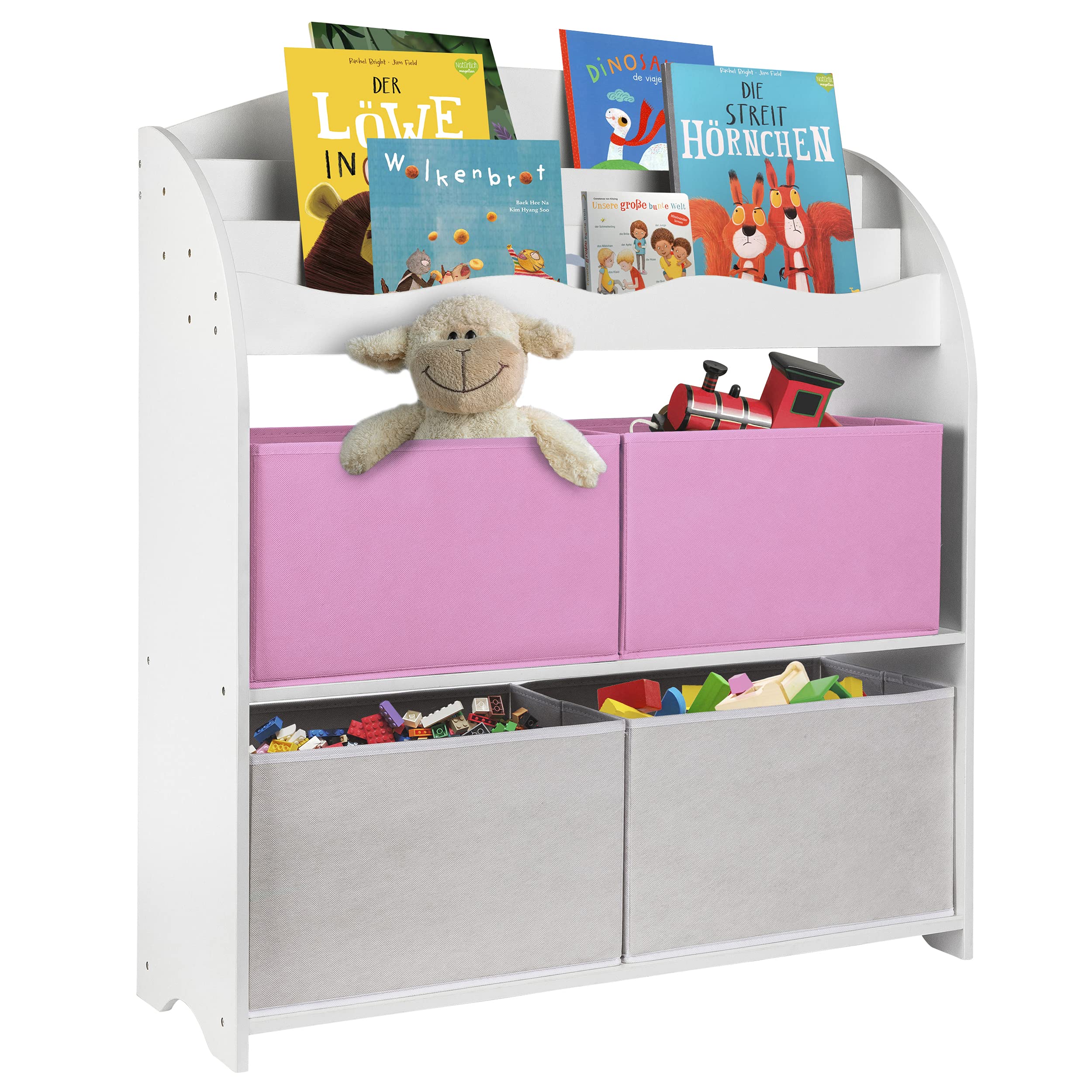 ONVAYA® Kinder-Bücherregal Finn Weiß | Kinderregal mit Boxen | Aufbewahrung von Büchern und Spielzeug | Organizer für Kinderzimmer (Bücherregal Rosa)