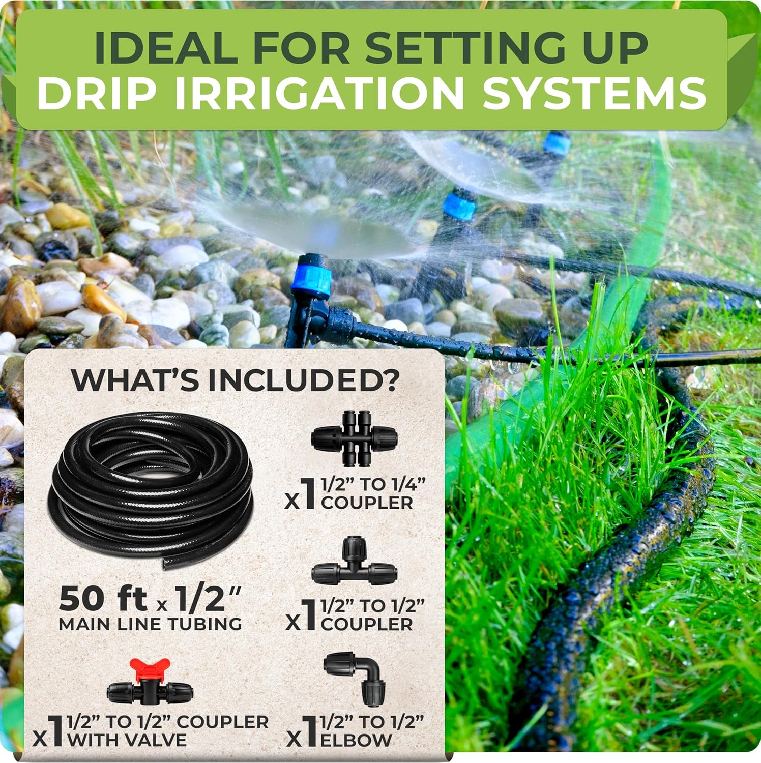 Carpathen 50 FT 1/2 Irrigation Tubing Mainline - Drip Irrigation Tubing Perfect for Push-To-Connect Garden Irrigation System, or as Blank Distribution Hose with 4 Connectors Included